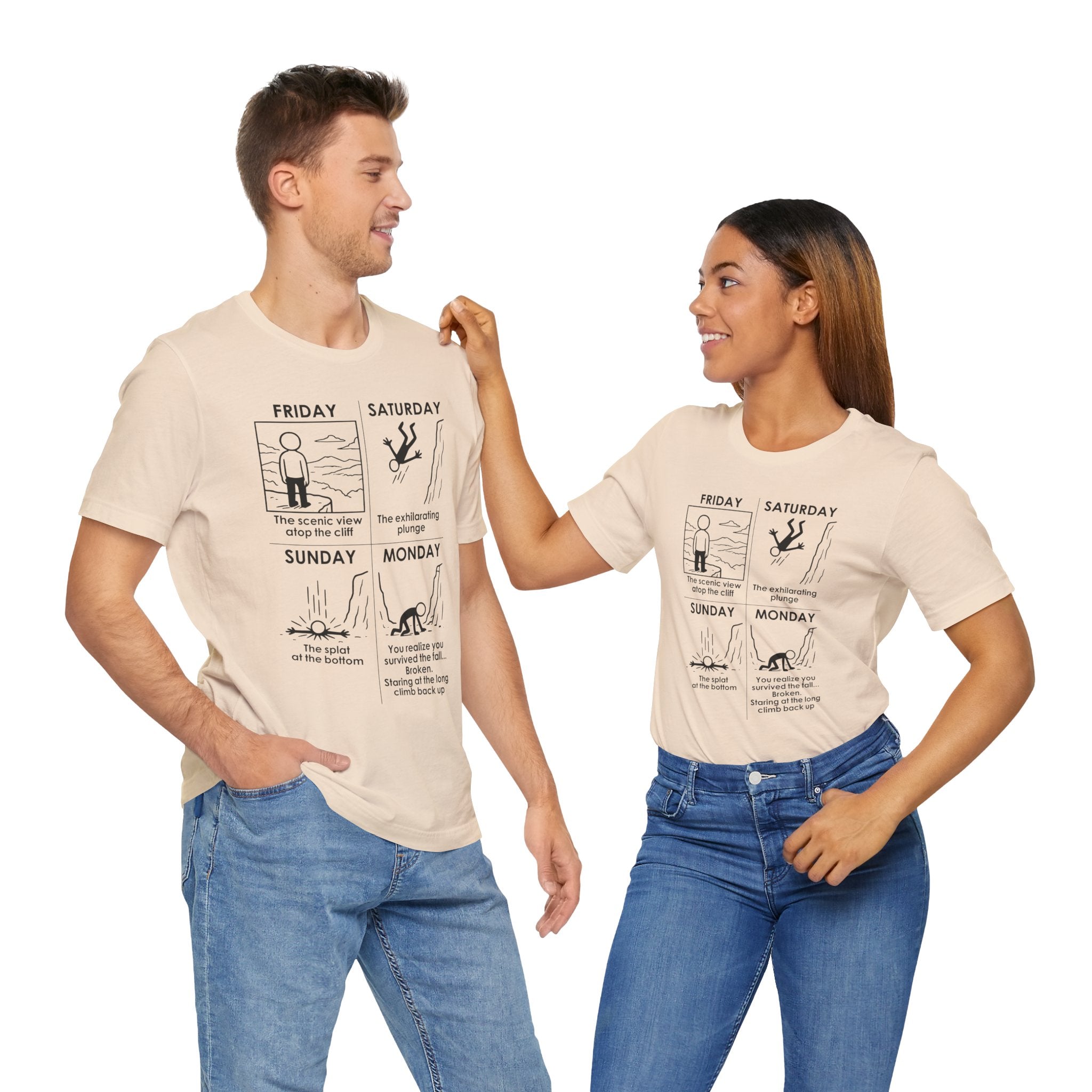 Weekend Cliff Comic T-Shirt – Dark Humor Friday to Monday Survival Graphic Tee