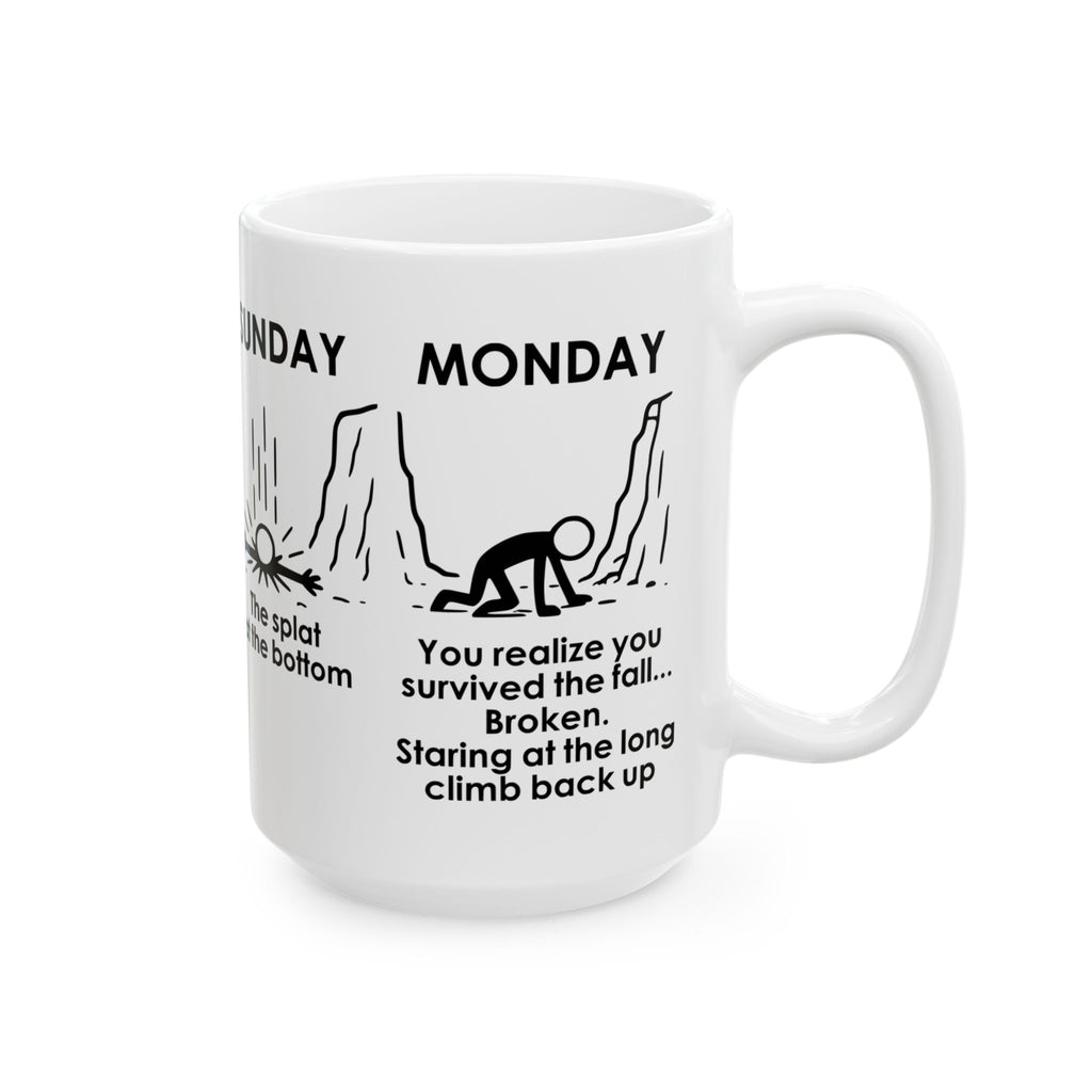 Weekend Cliff Comic Coffee Mug – Dark Humor Friday to Monday Survival Cup