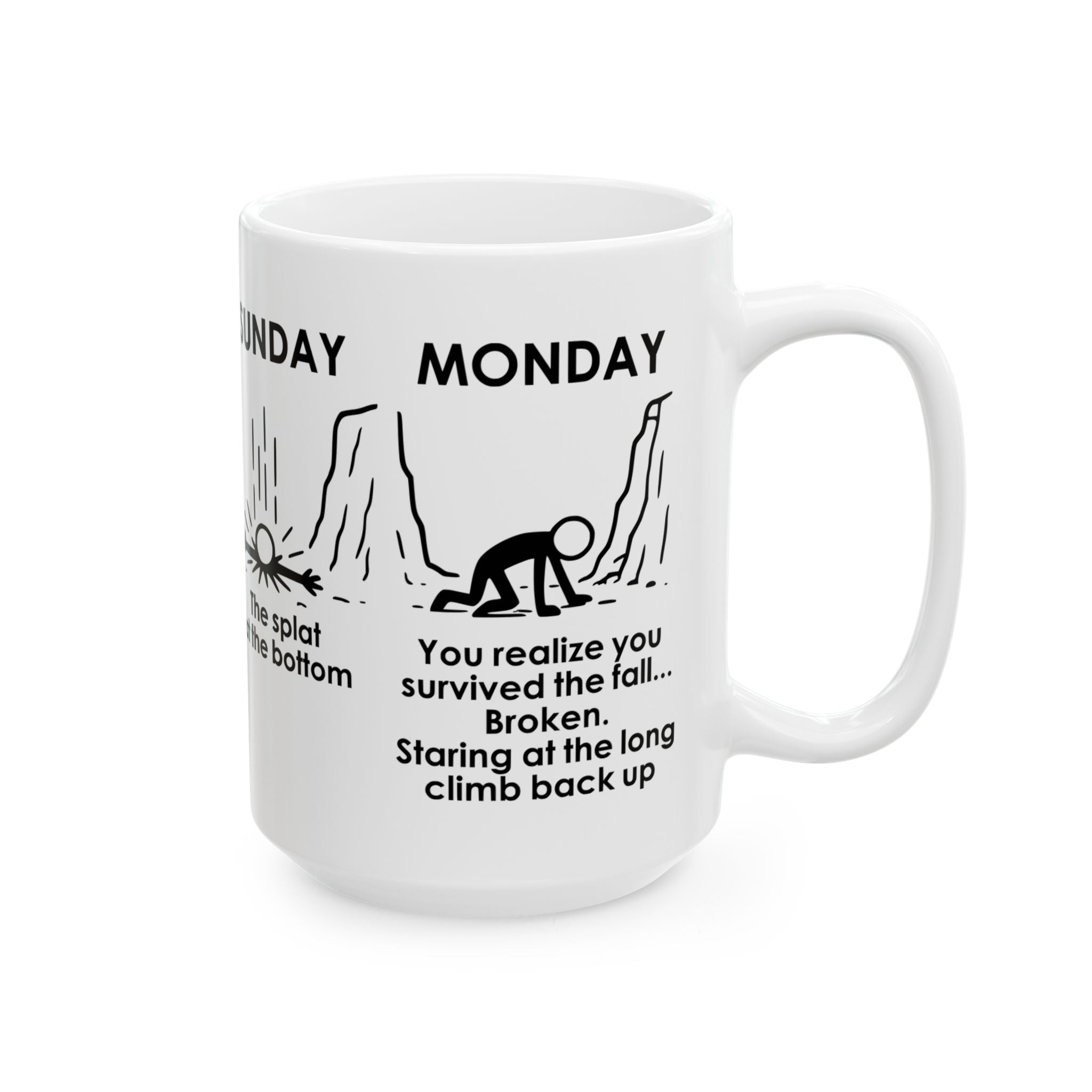 Weekend Cliff Comic Coffee Mug – Dark Humor Friday to Monday Survival Cup
