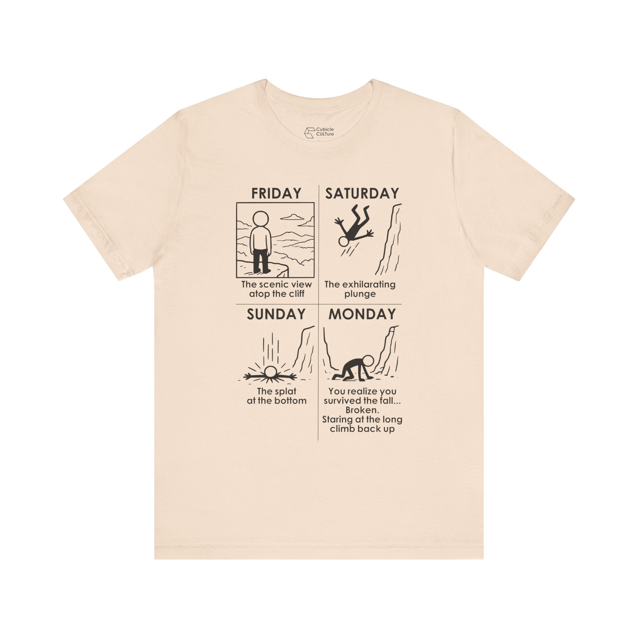 Weekend Cliff Comic T-Shirt – Dark Humor Friday to Monday Survival Graphic Tee