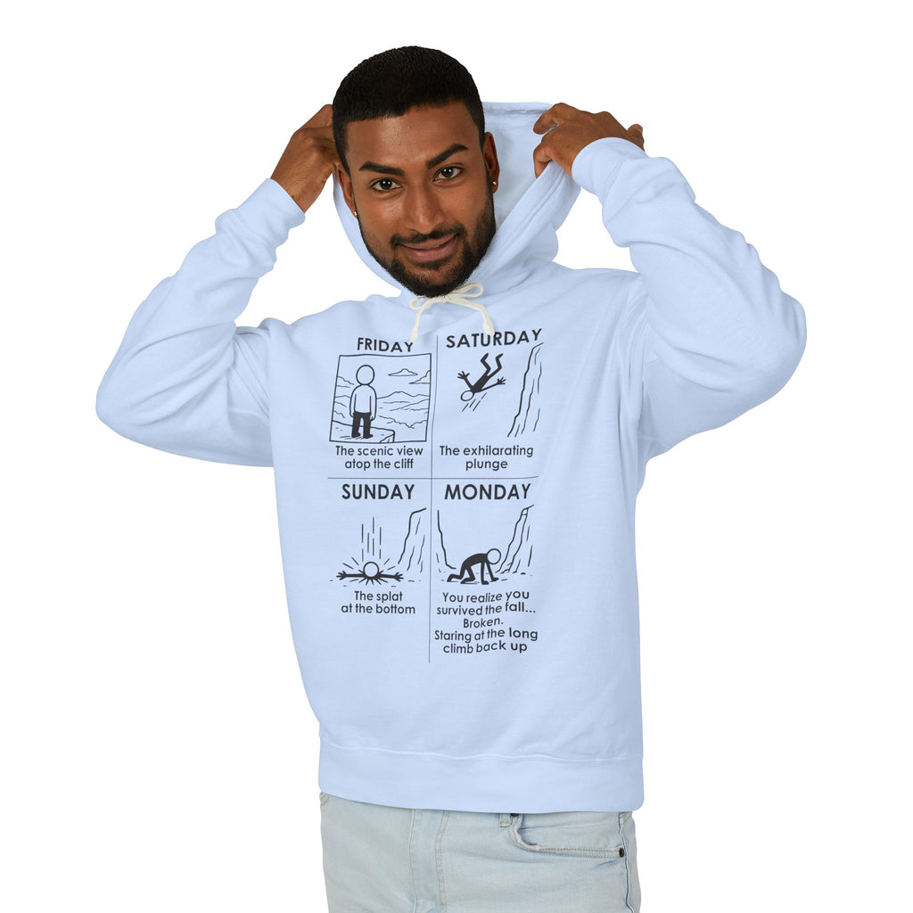 Weekend Cliff Comic Hoodie – Dark Humor Friday to Monday Survival Sweatshirt