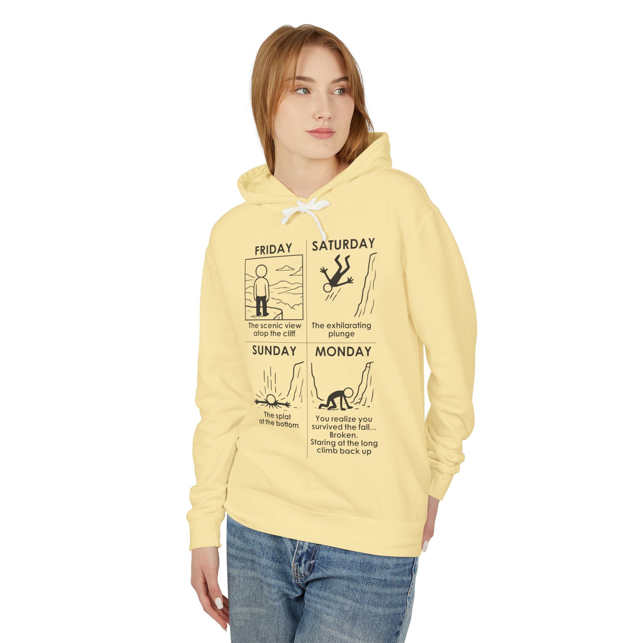 Weekend Cliff Comic Hoodie – Dark Humor Friday to Monday Survival Sweatshirt