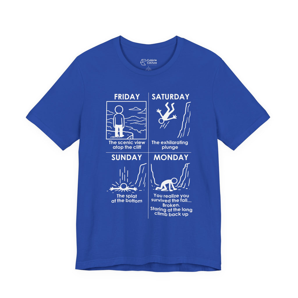 Weekend Cliff Comic T-Shirt – Dark Humor Friday to Monday Survival Graphic Tee