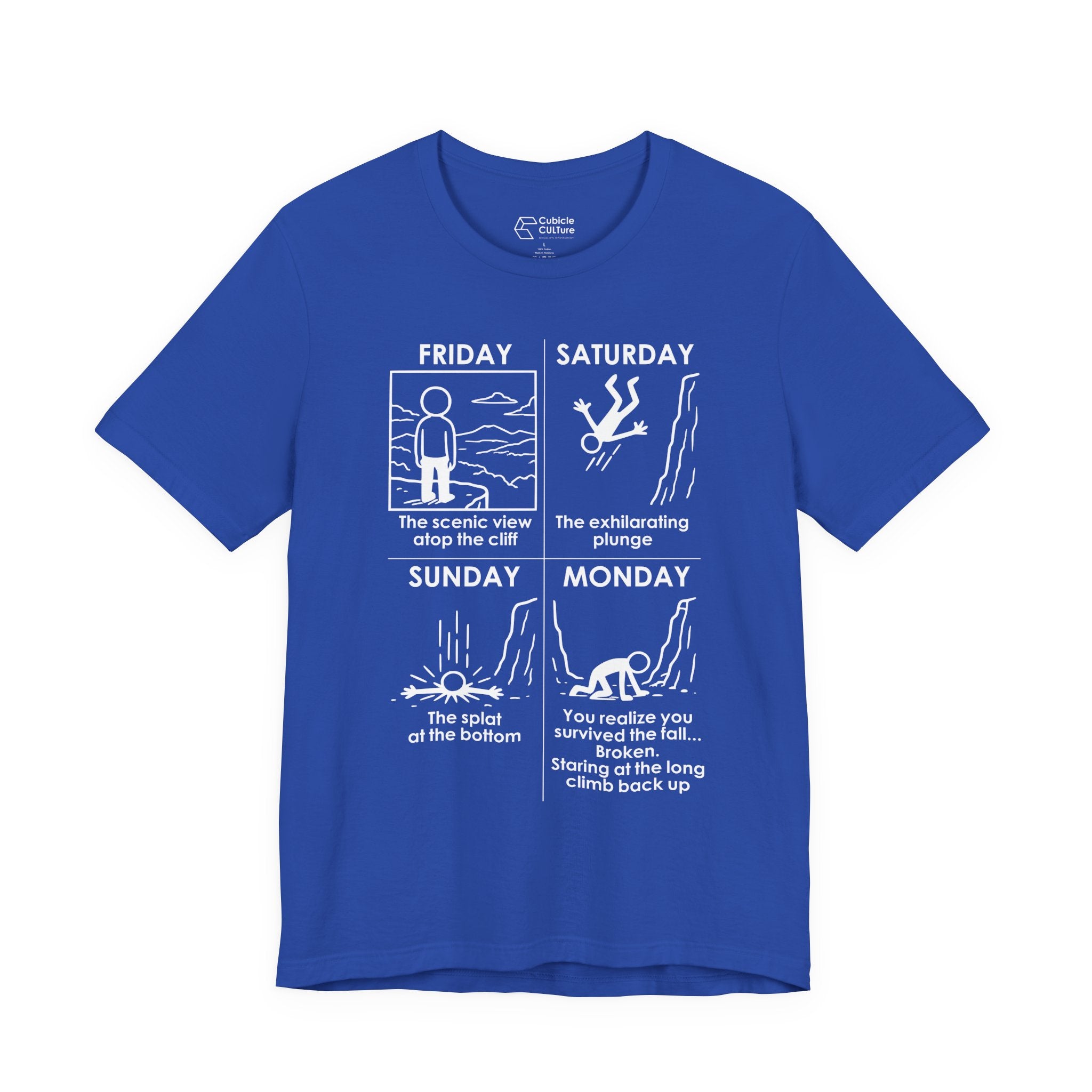 Weekend Cliff Comic T-Shirt – Dark Humor Friday to Monday Survival Graphic Tee