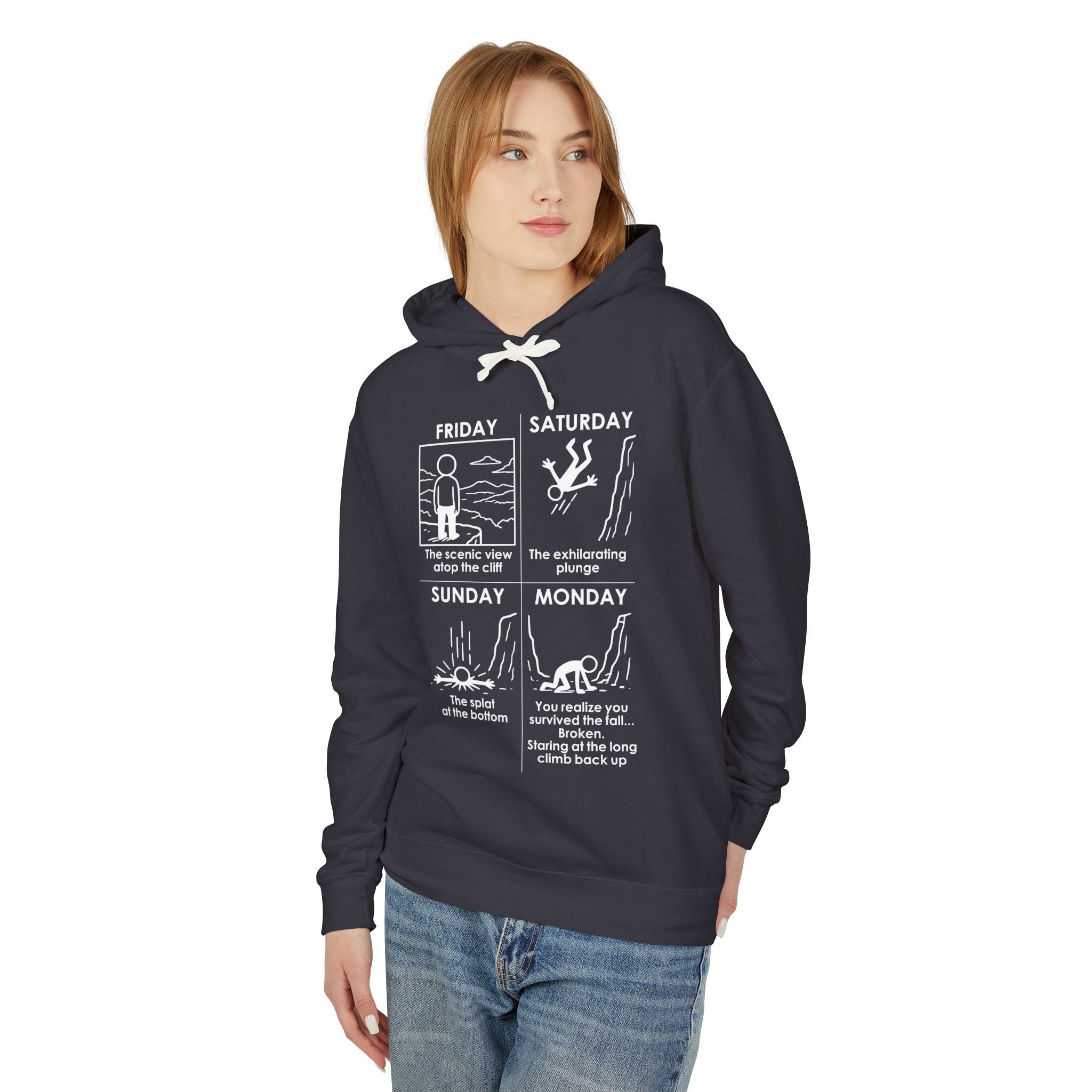 Weekend Cliff Comic Hoodie – Dark Humor Friday to Monday Survival Sweatshirt