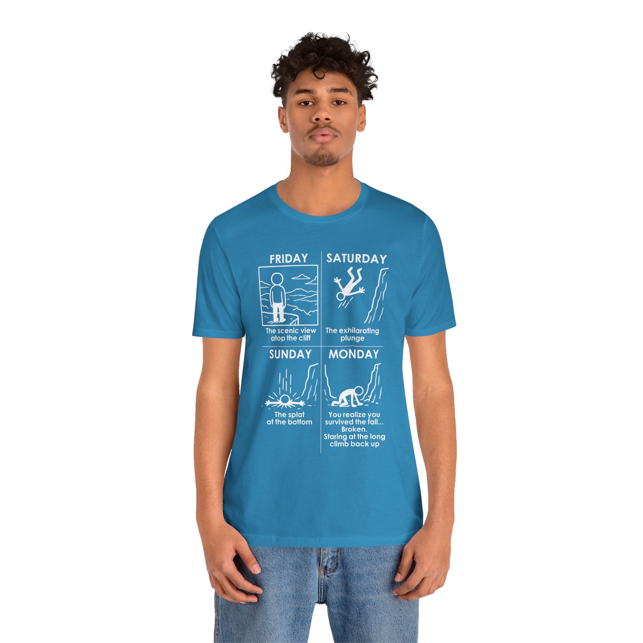Weekend Cliff Comic T-Shirt – Dark Humor Friday to Monday Survival Graphic Tee