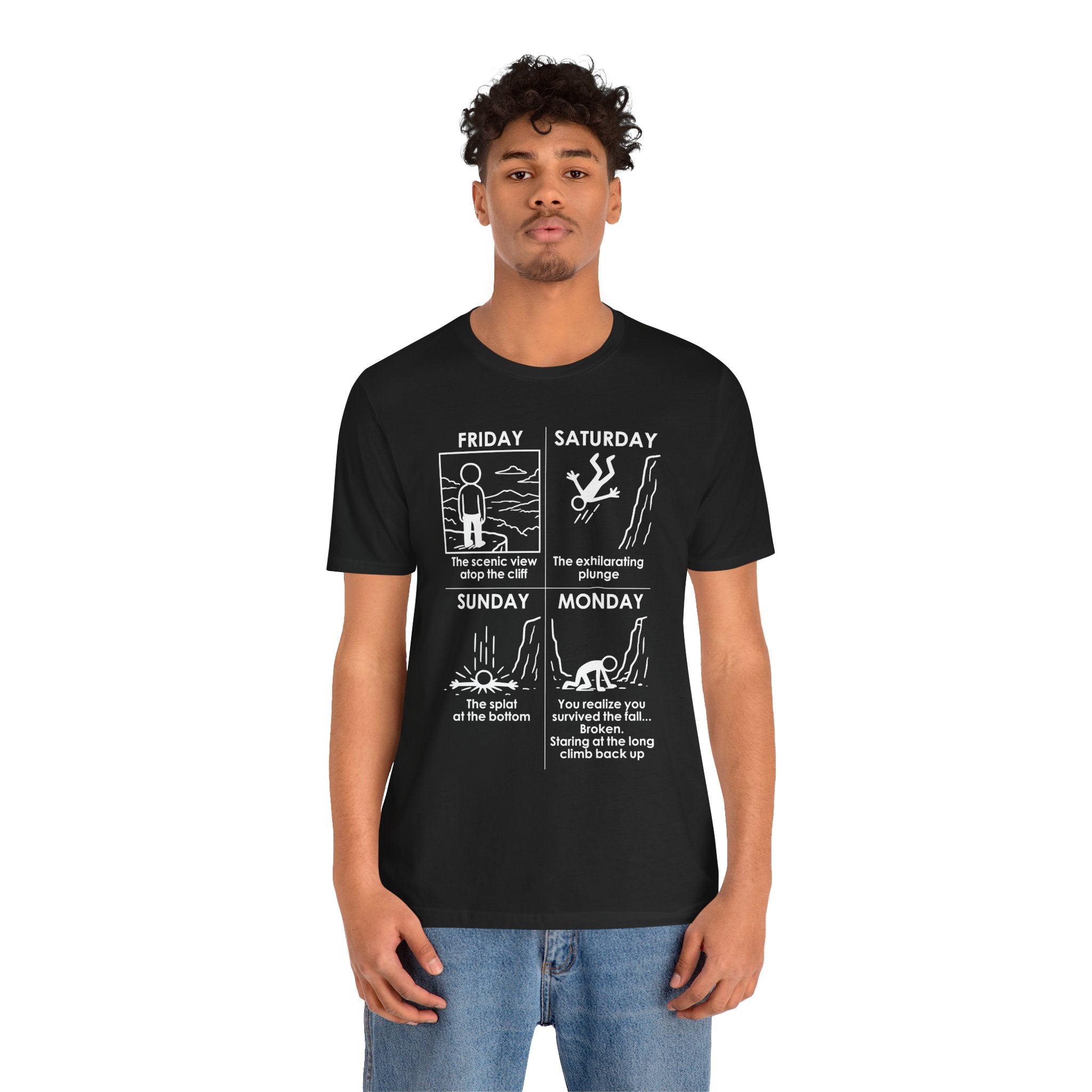 Weekend Cliff Comic T-Shirt – Dark Humor Friday to Monday Survival Graphic Tee