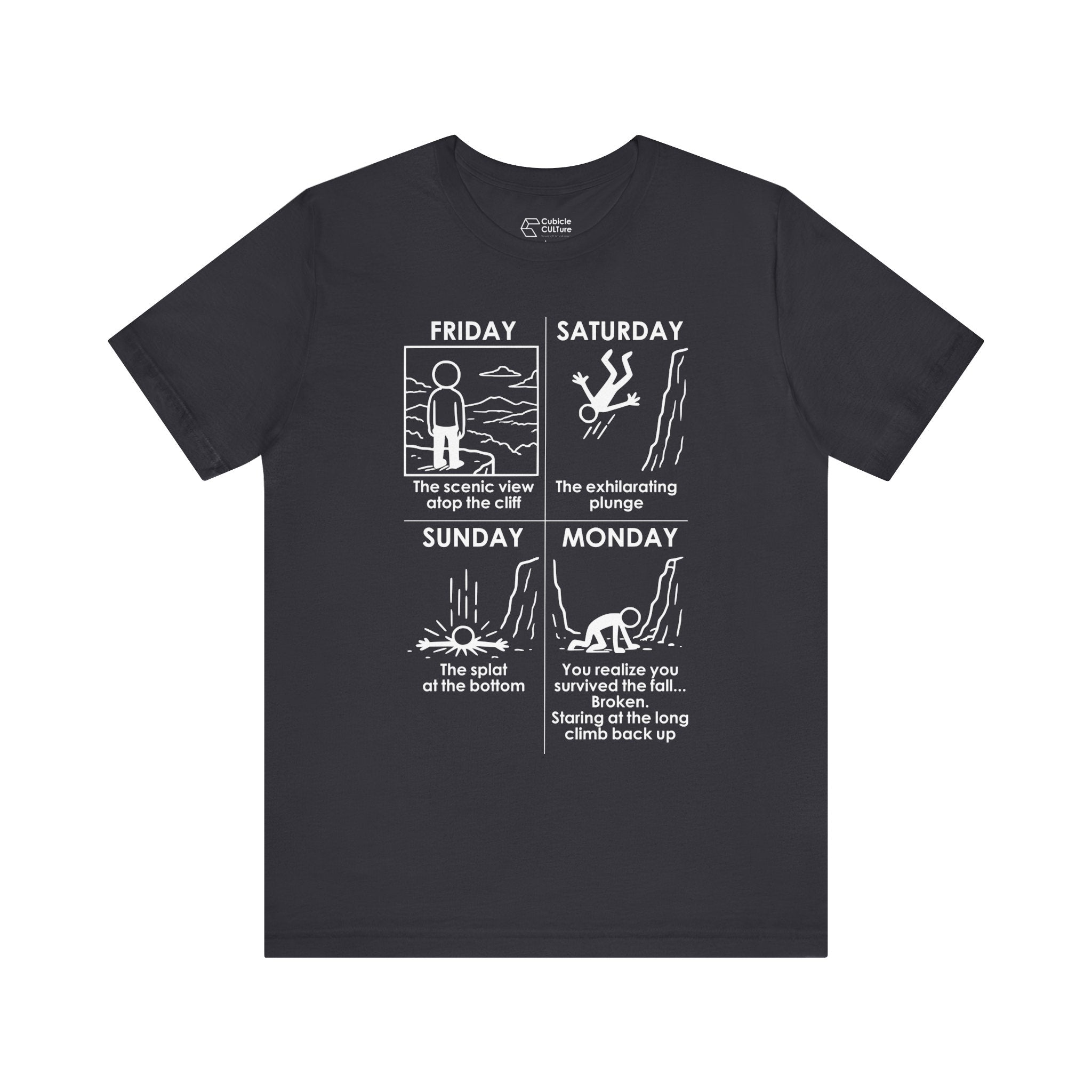 Weekend Cliff Comic T-Shirt – Dark Humor Friday to Monday Survival Graphic Tee