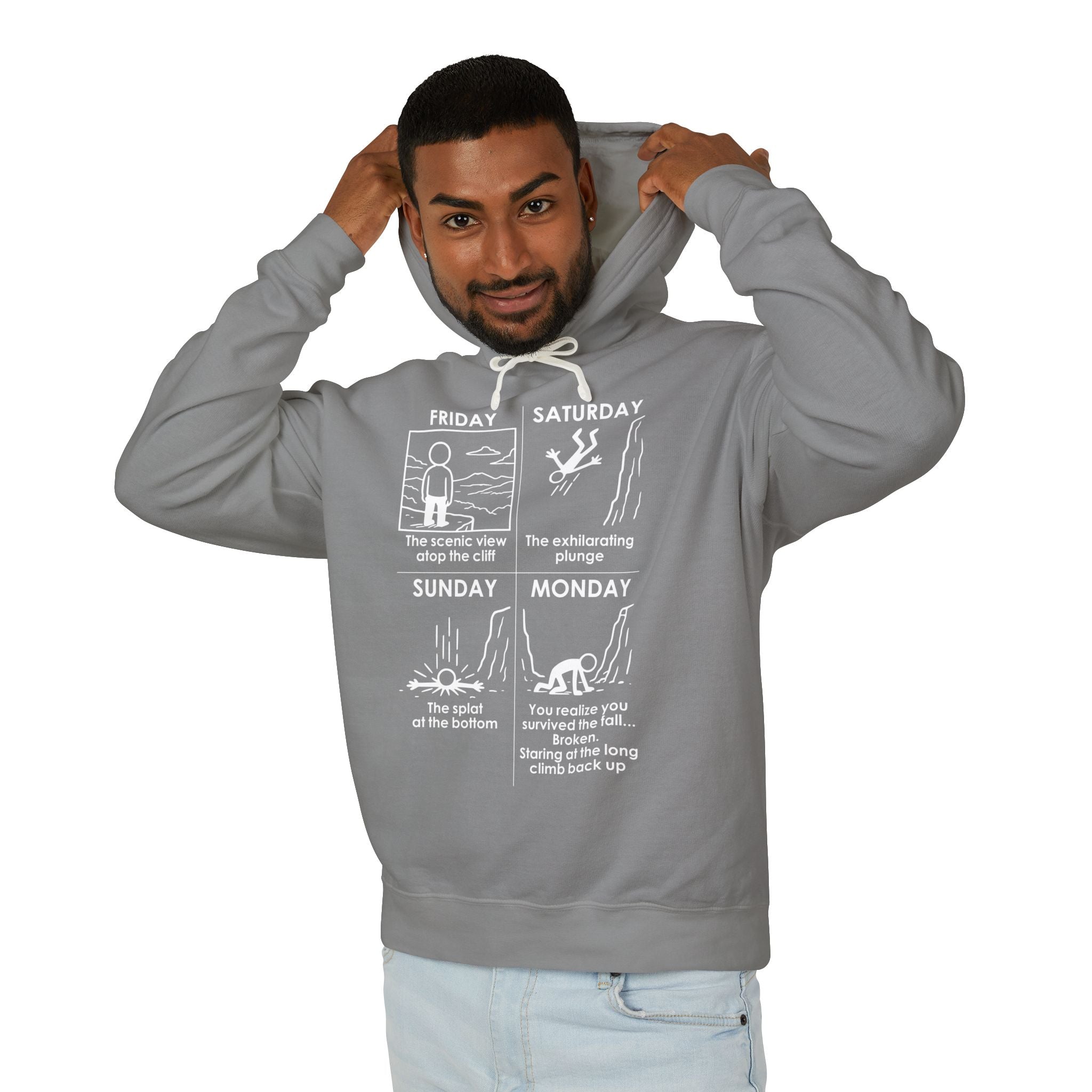 Weekend Cliff Comic Hoodie – Dark Humor Friday to Monday Survival Sweatshirt