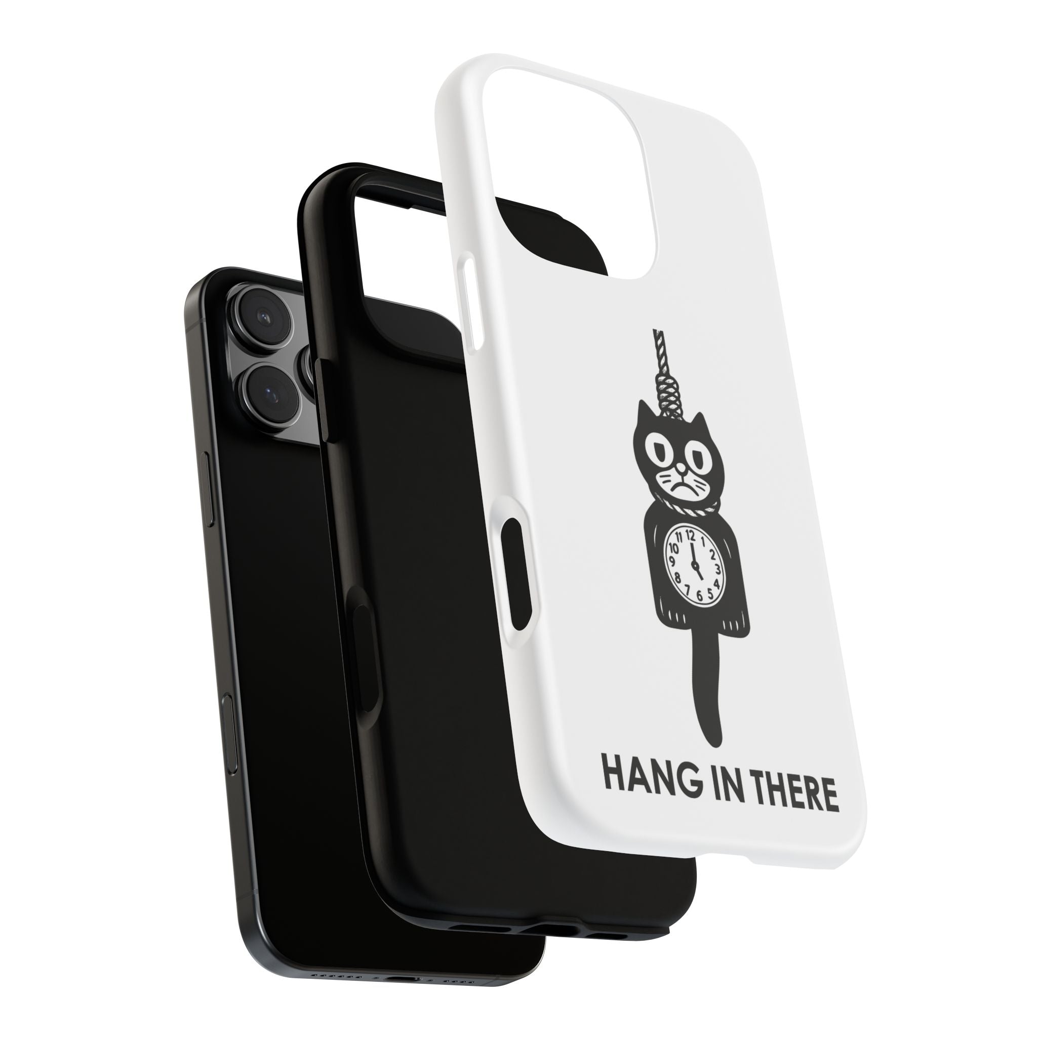 Hang In There Phone Case – Dark Humor Cat Clock Parody Mobile Cover