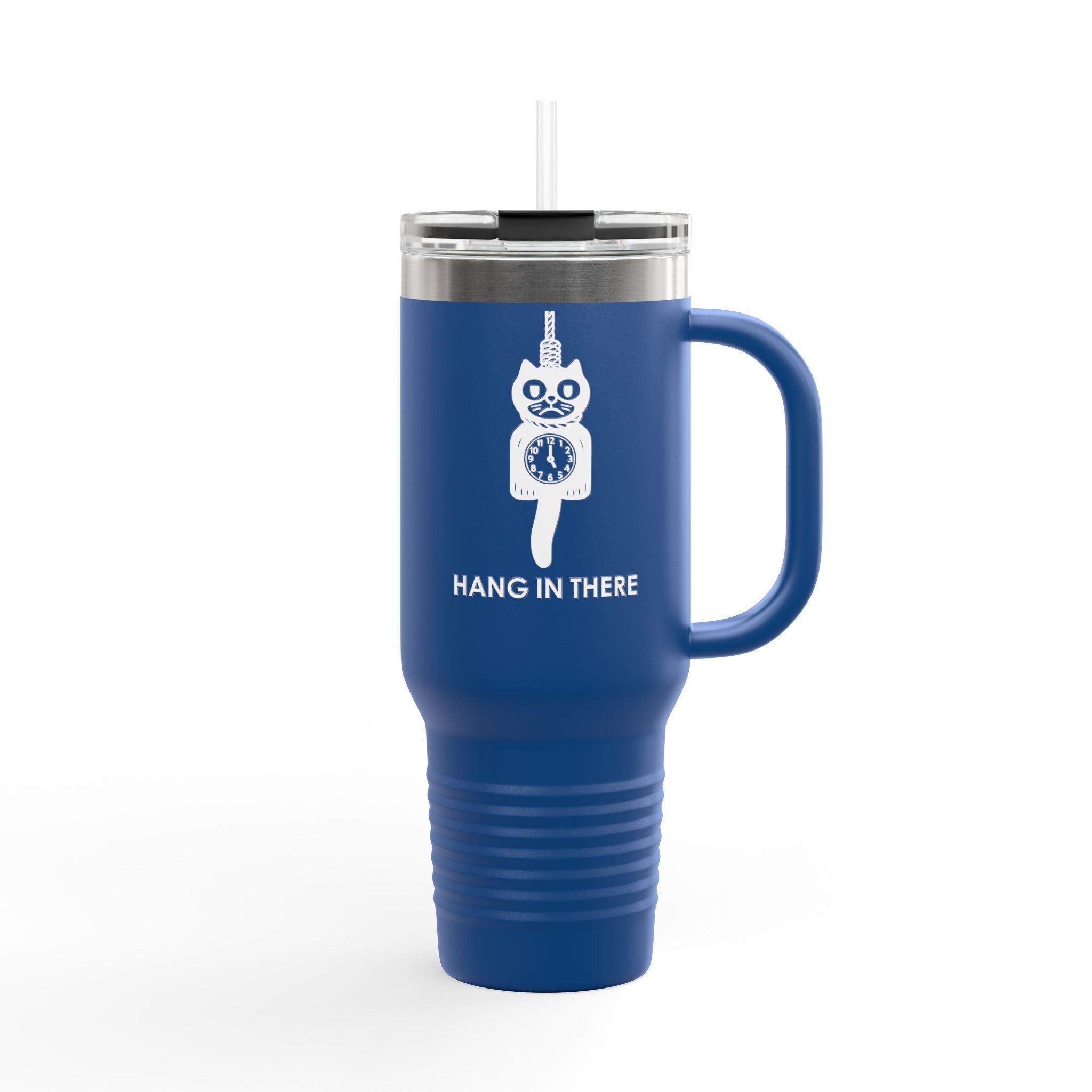 Hang In There Travel Mug – Dark Humor Cat Clock Parody Tumbler