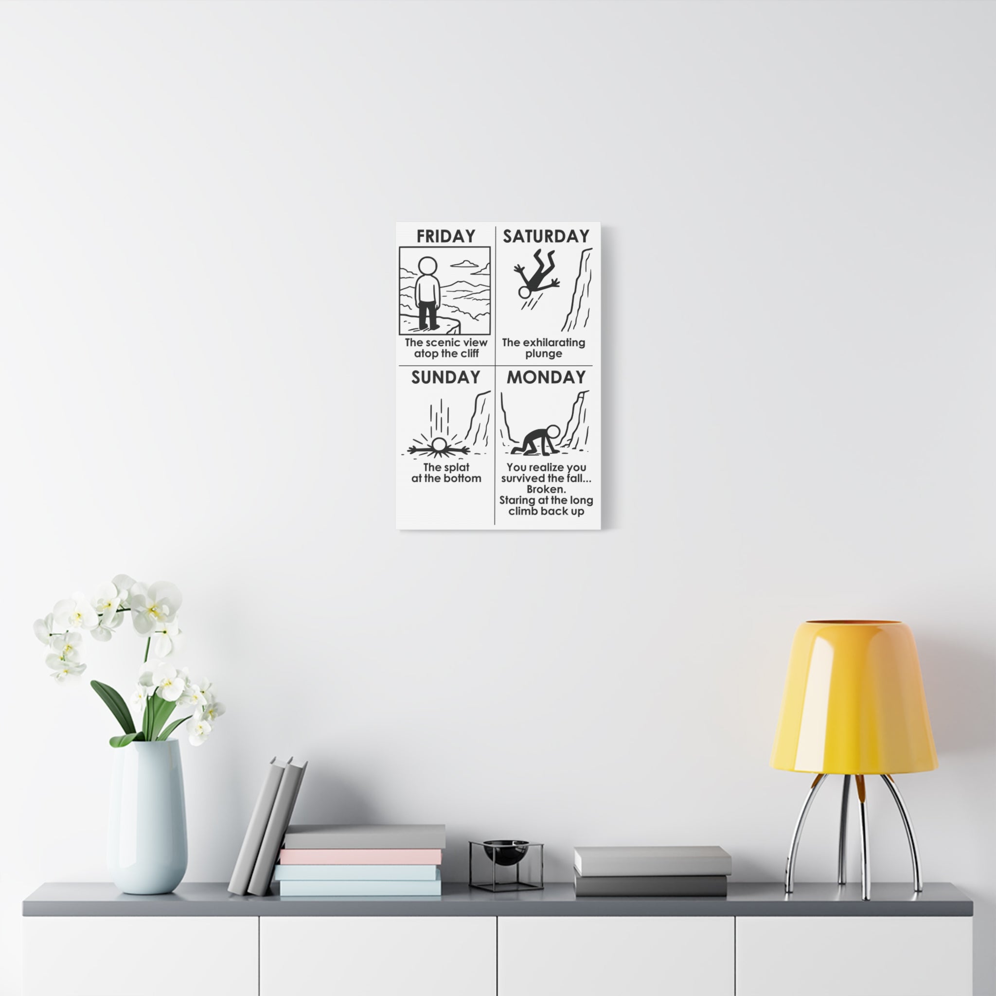 Weekend Cliff Comic Canvas – Dark Humor Friday to Monday Survival Office Wall Art