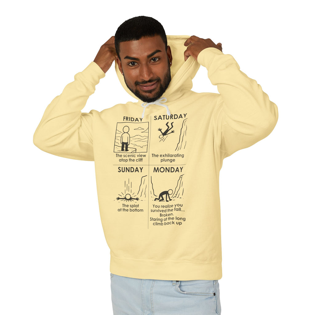 Weekend Cliff Comic Hoodie – Dark Humor Friday to Monday Survival Sweatshirt