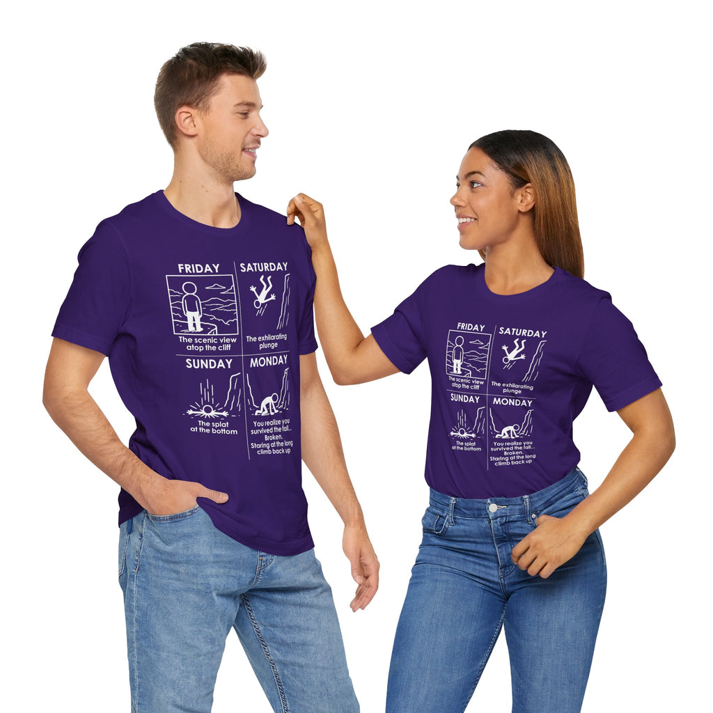 Weekend Cliff Comic T-Shirt – Dark Humor Friday to Monday Survival Graphic Tee