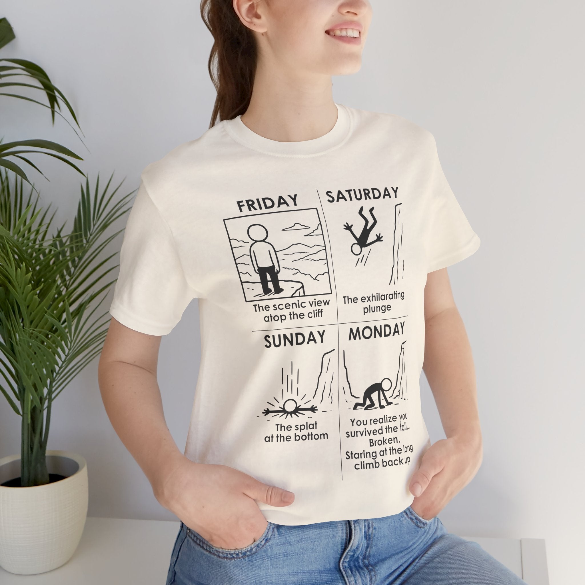 Weekend Cliff Comic T-Shirt – Dark Humor Friday to Monday Survival Graphic Tee