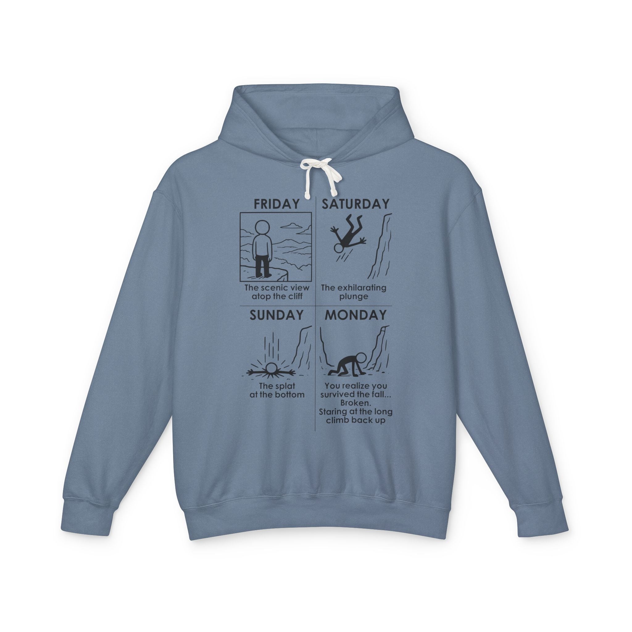 Weekend Cliff Comic Hoodie – Dark Humor Friday to Monday Survival Sweatshirt