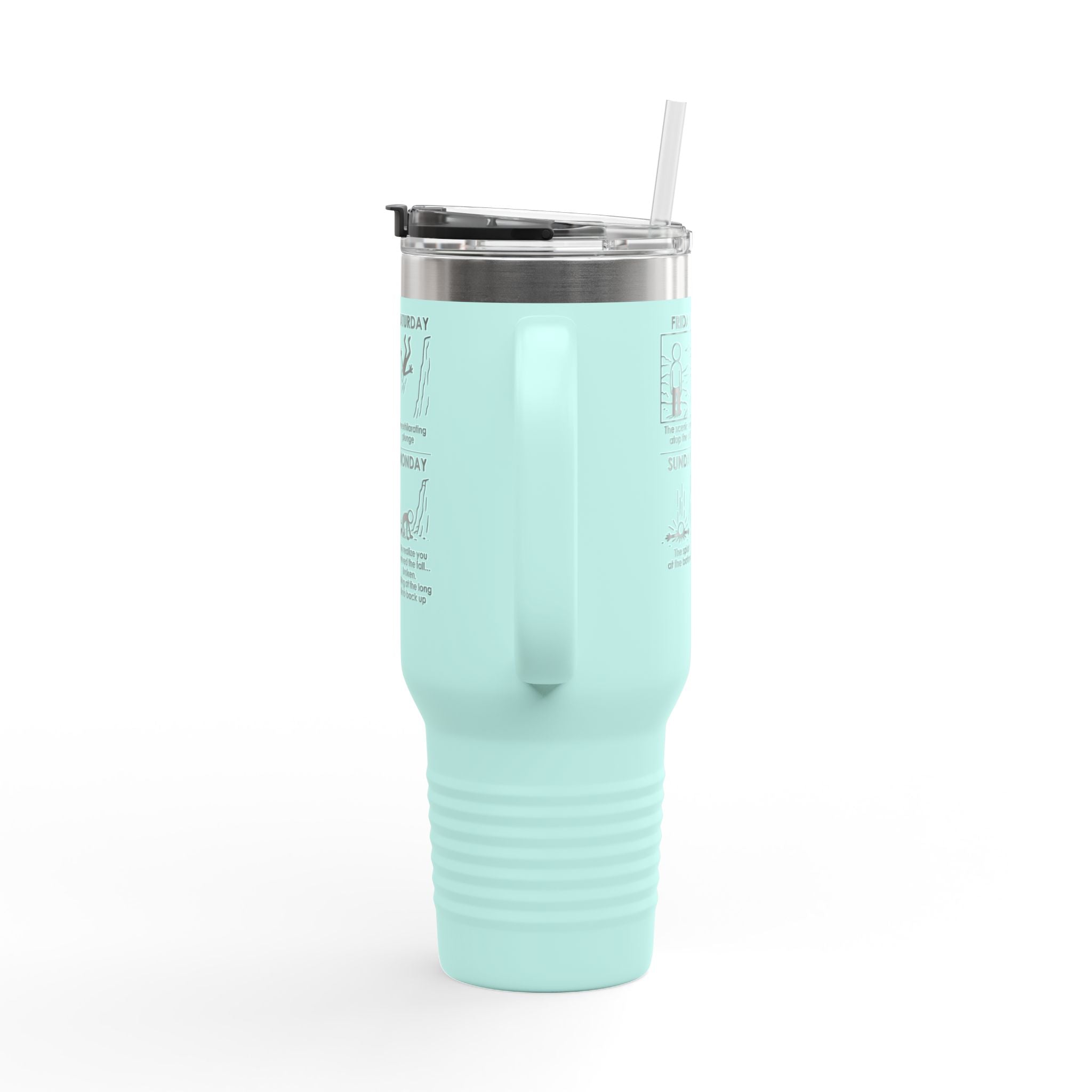 Weekend Cliff Comic Travel Mug – Dark Humor Friday to Monday Survival Tumbler
