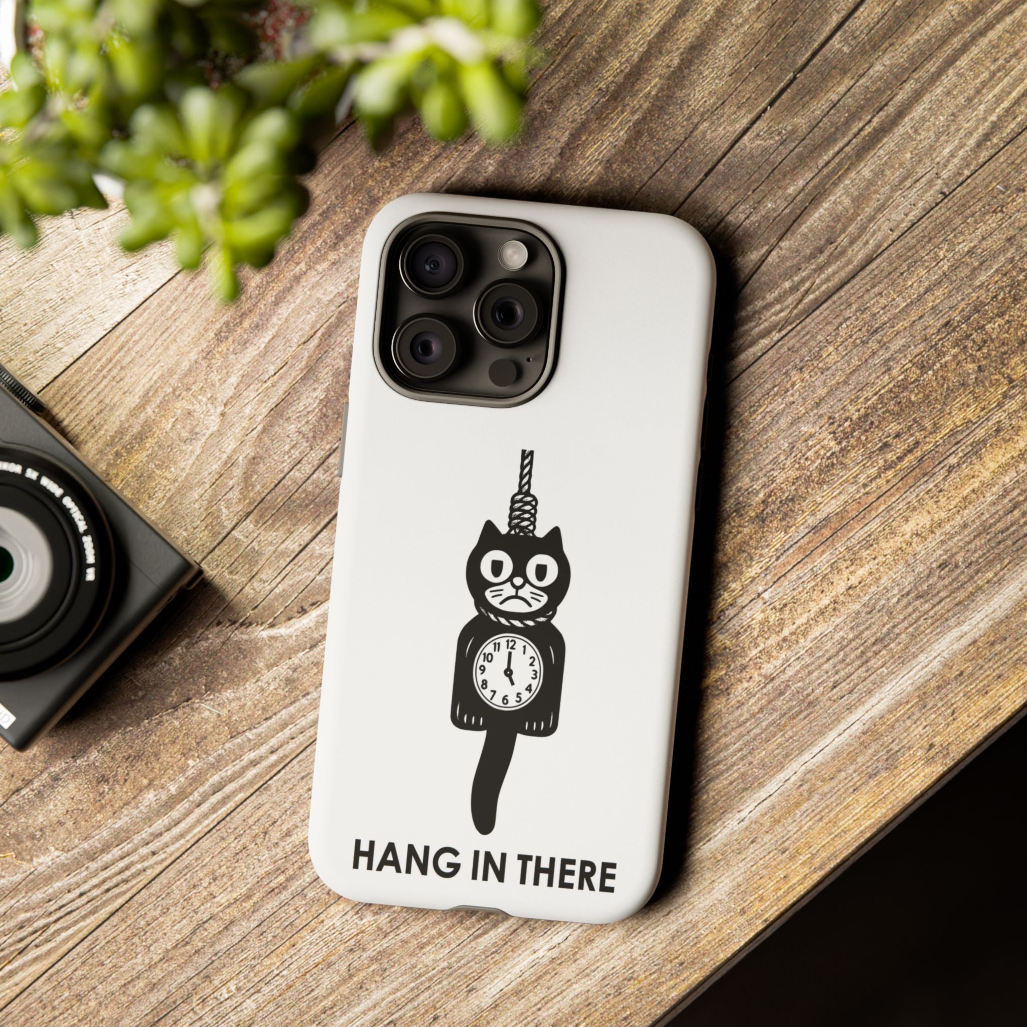 Hang In There Phone Case – Dark Humor Cat Clock Parody Mobile Cover