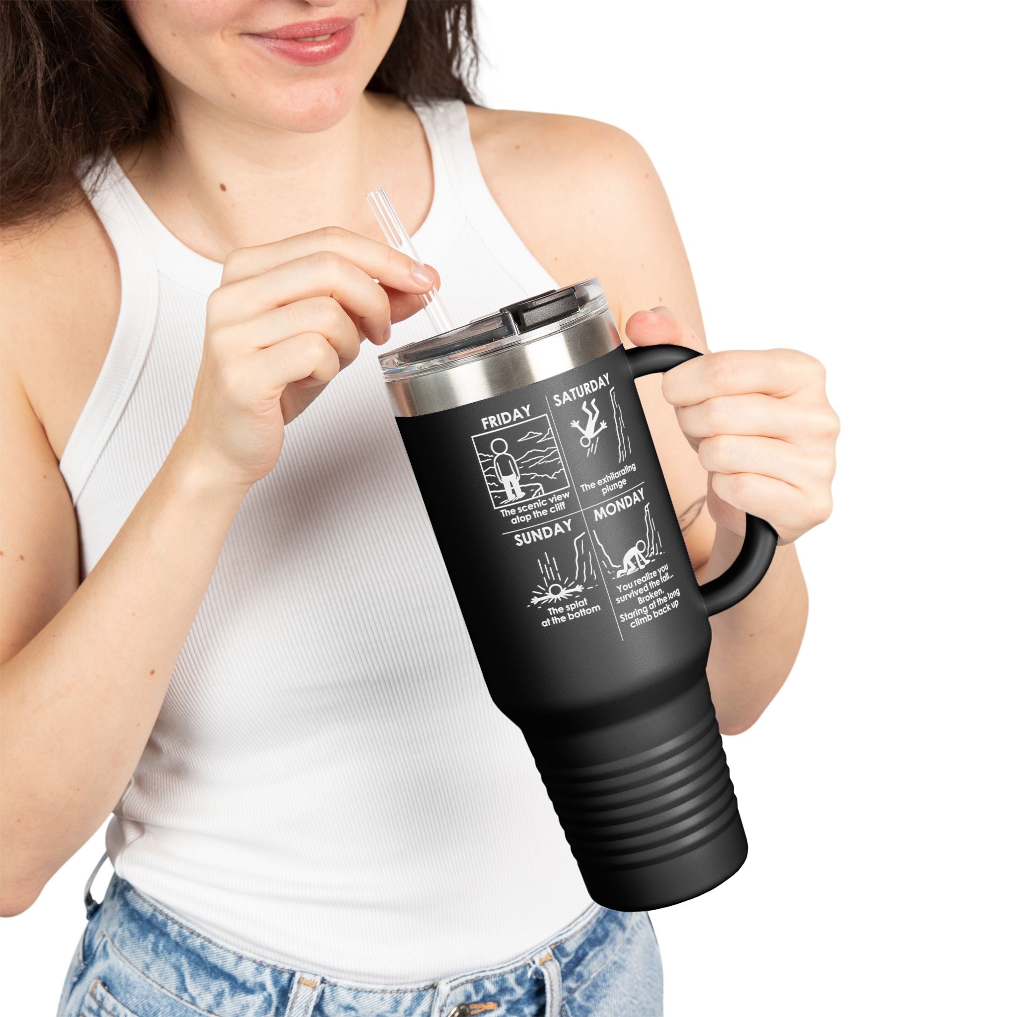 Weekend Cliff Comic Travel Mug – Dark Humor Friday to Monday Survival Tumbler