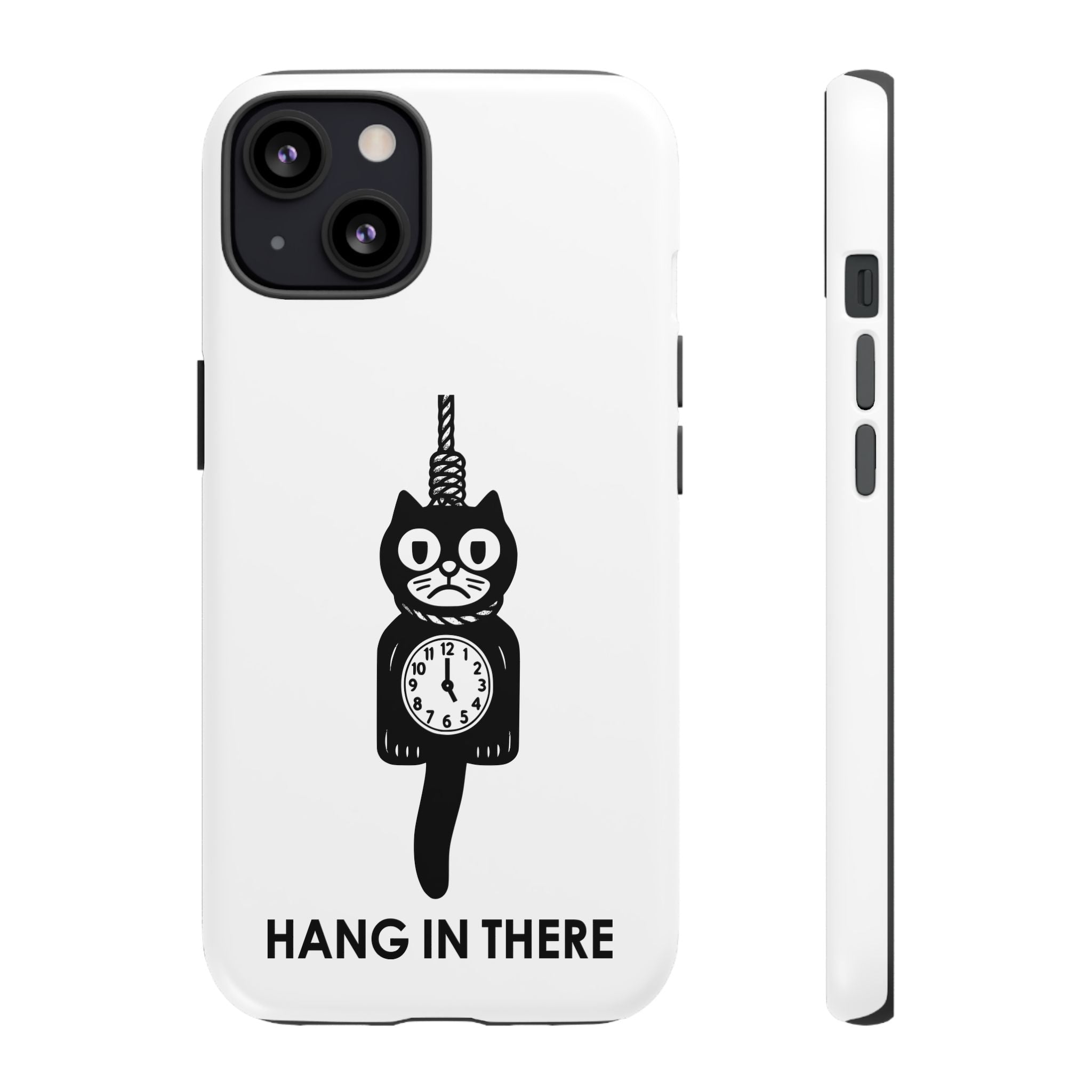 Hang In There Phone Case – Dark Humor Cat Clock Parody Mobile Cover