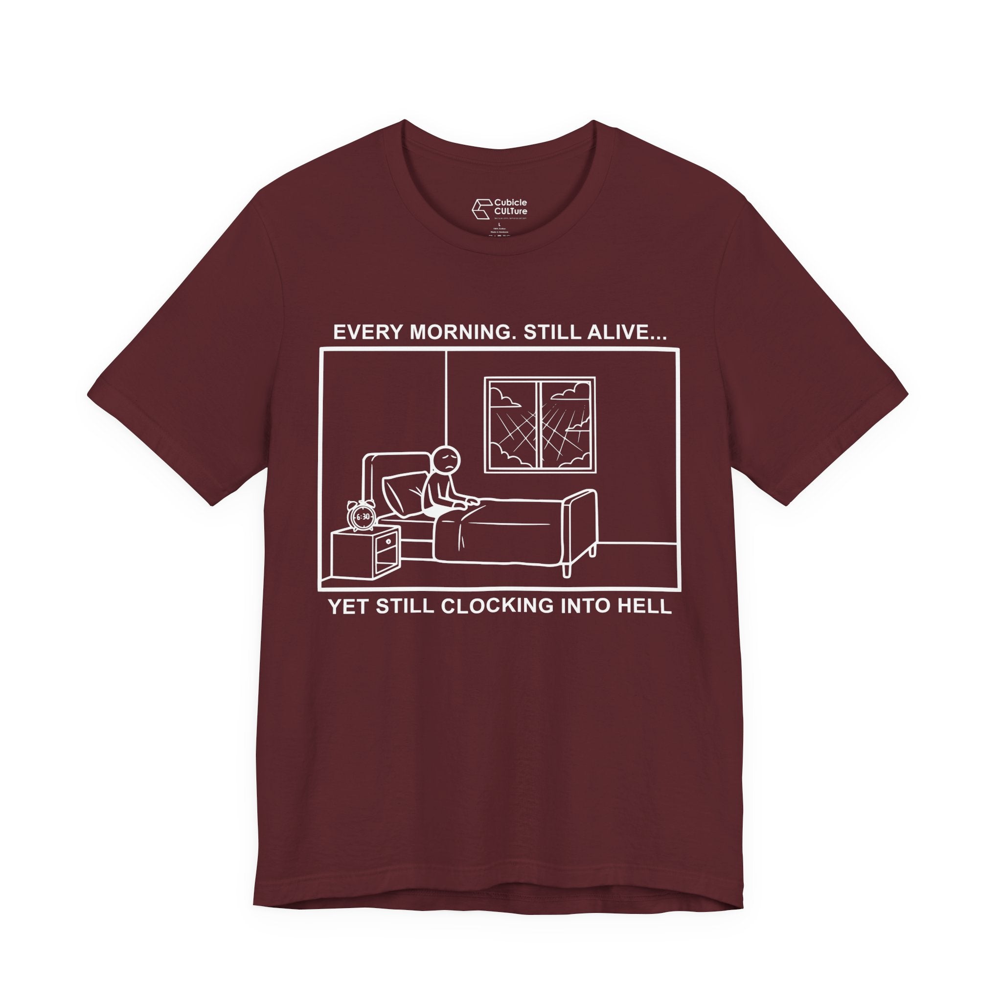 Every Morning — Clocking into Hell T-Shirt – Cliffverse Office Humor Graphic Tee for Corporate Survivors