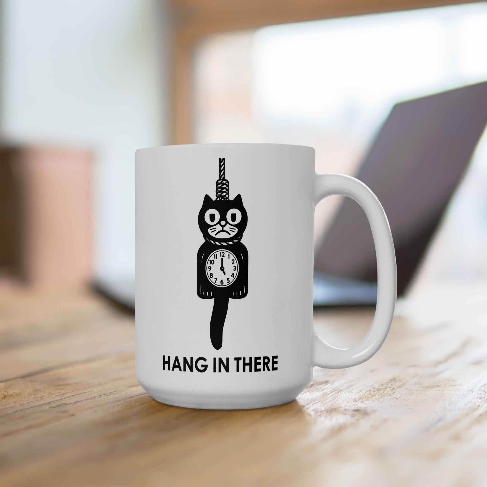 Hang In There Coffee Mug – Dark Humor Cat Clock Parody Cup