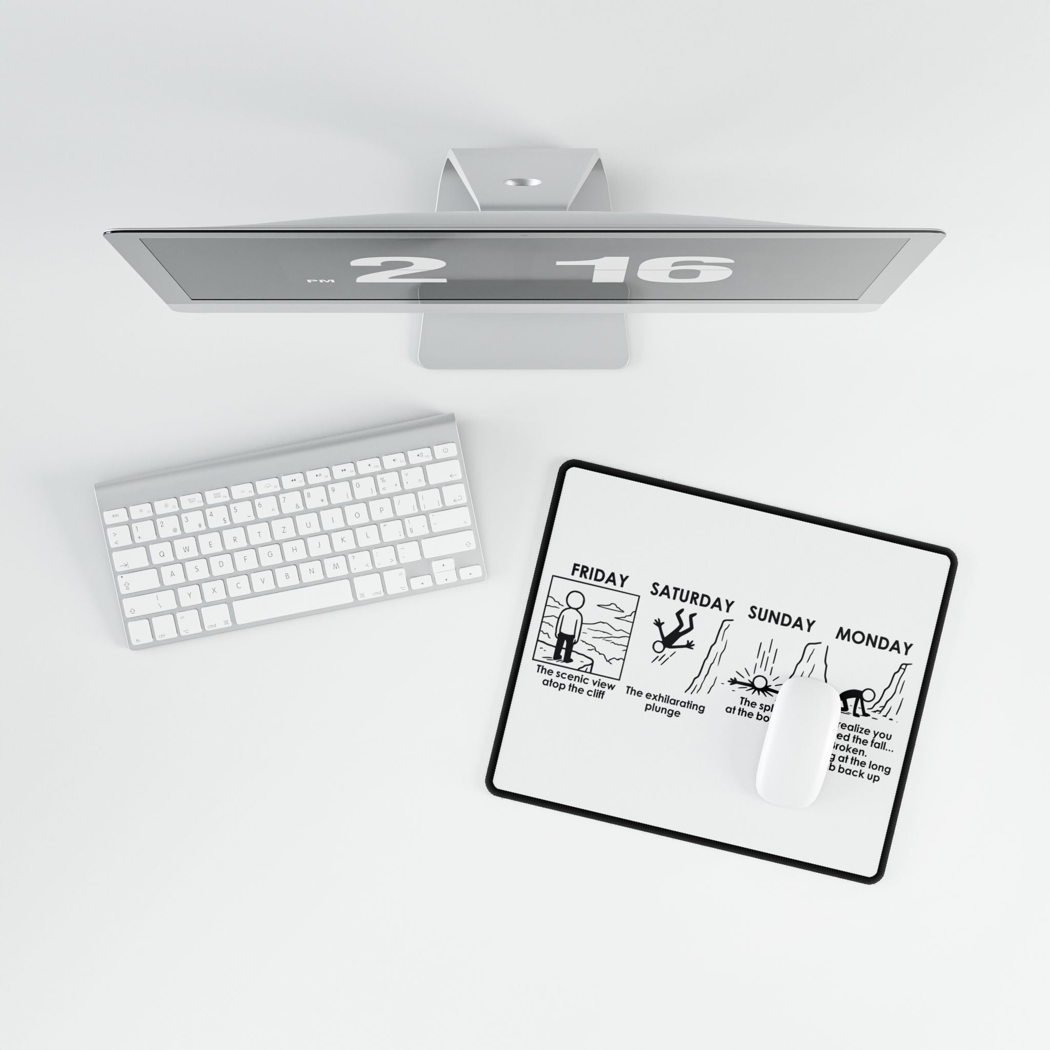 Weekend Cliff Comic Desk Mat – Dark Humor Friday to Monday Survival Office Accessory