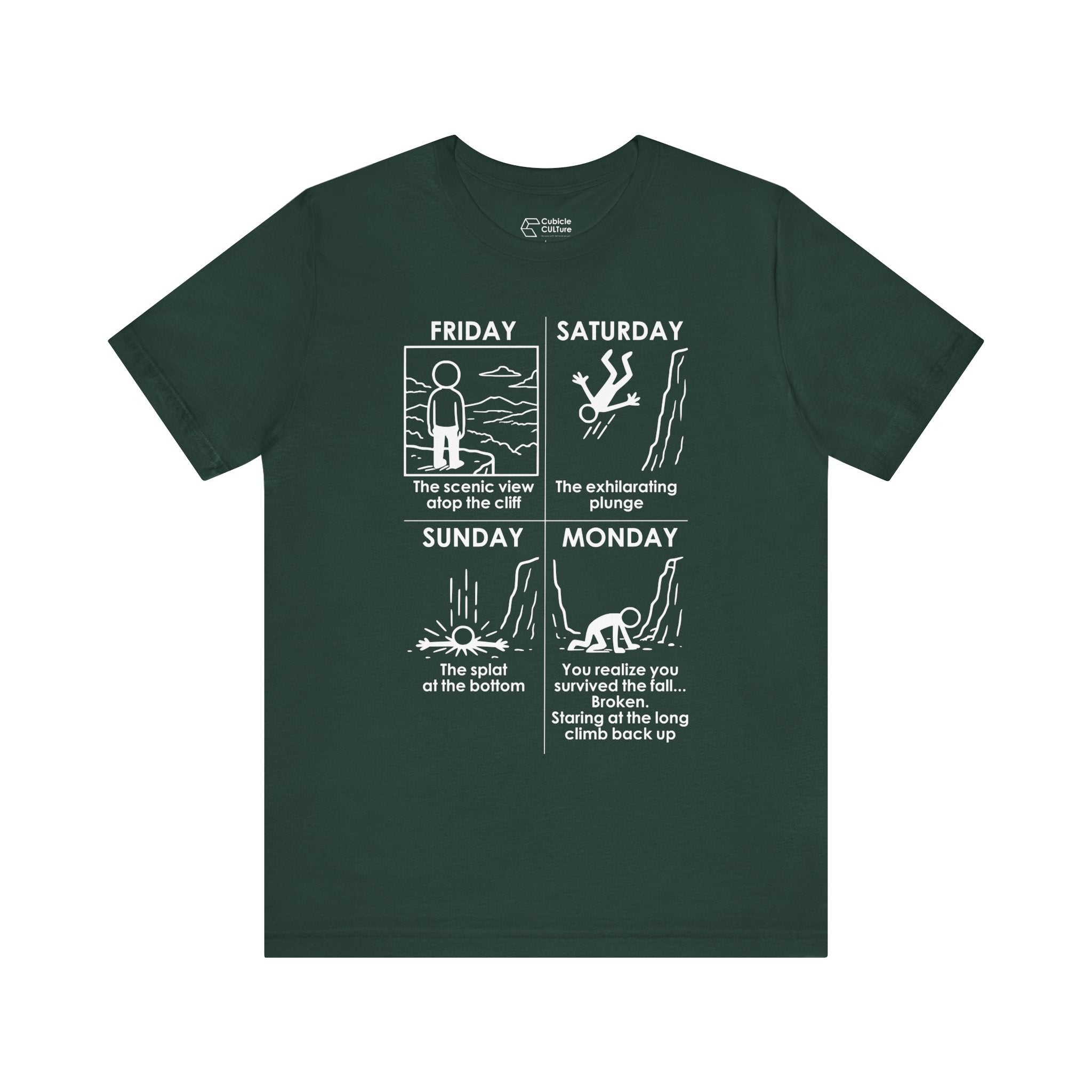 Weekend Cliff Comic T-Shirt – Dark Humor Friday to Monday Survival Graphic Tee