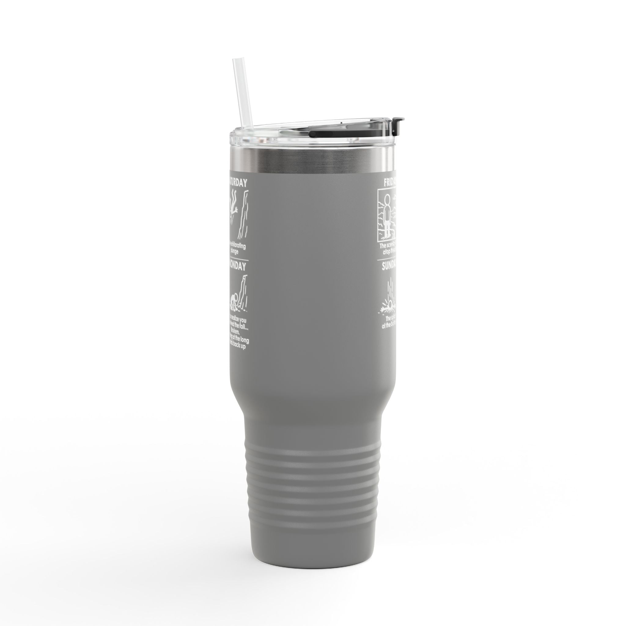 Weekend Cliff Comic Travel Mug – Dark Humor Friday to Monday Survival Tumbler