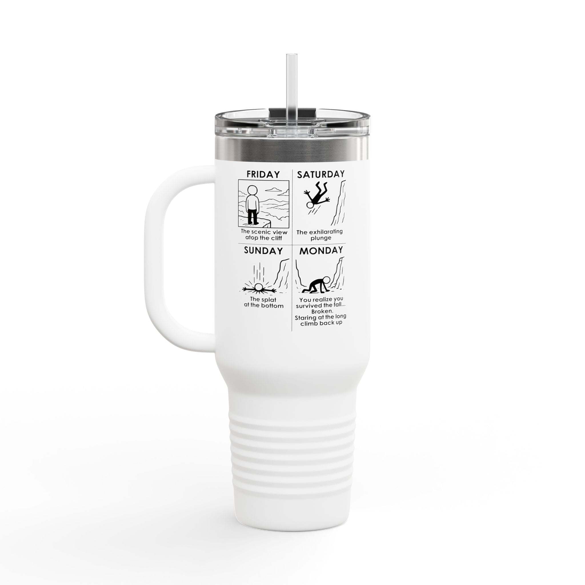 Weekend Cliff Comic Travel Mug – Dark Humor Friday to Monday Survival Tumbler