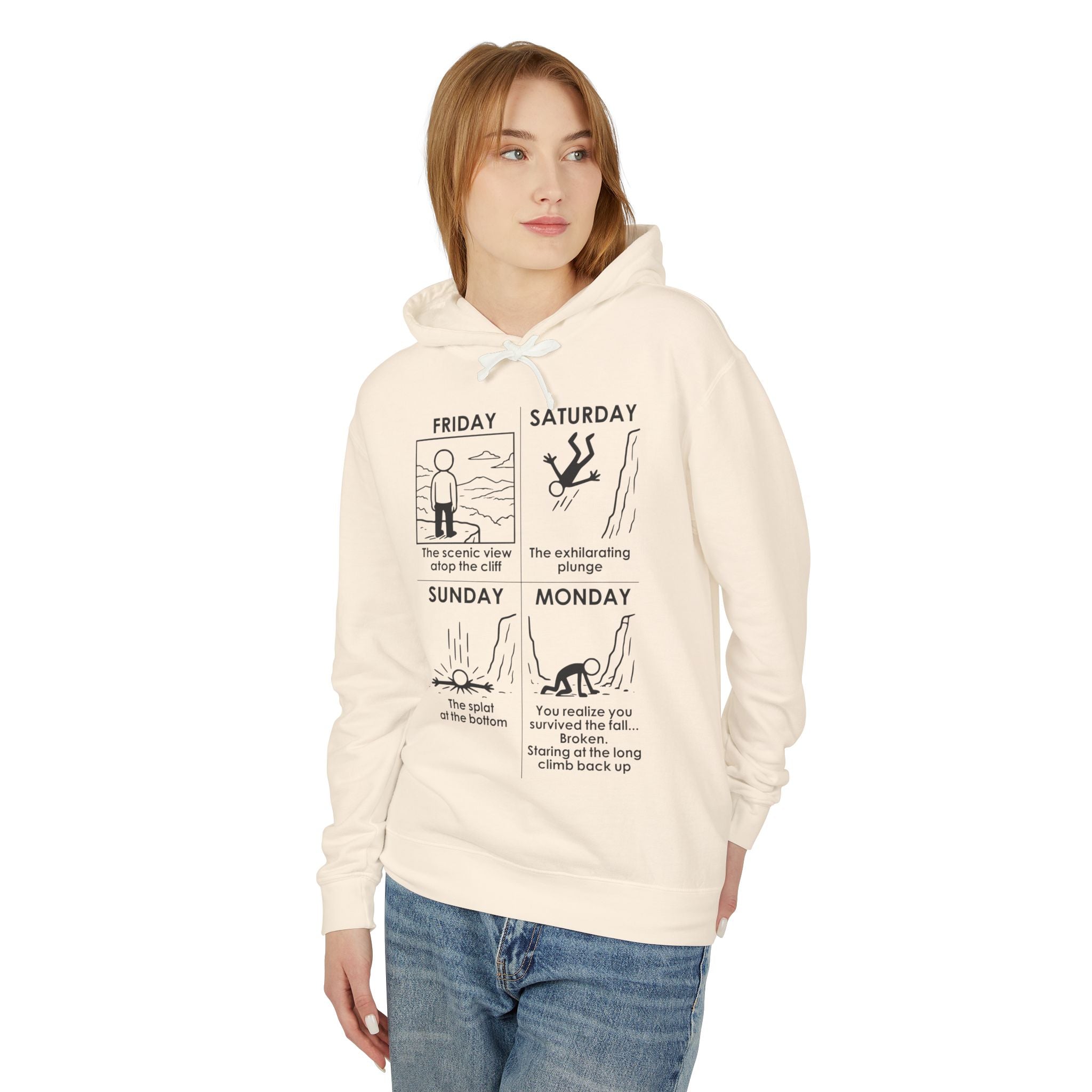 Weekend Cliff Comic Hoodie – Dark Humor Friday to Monday Survival Sweatshirt