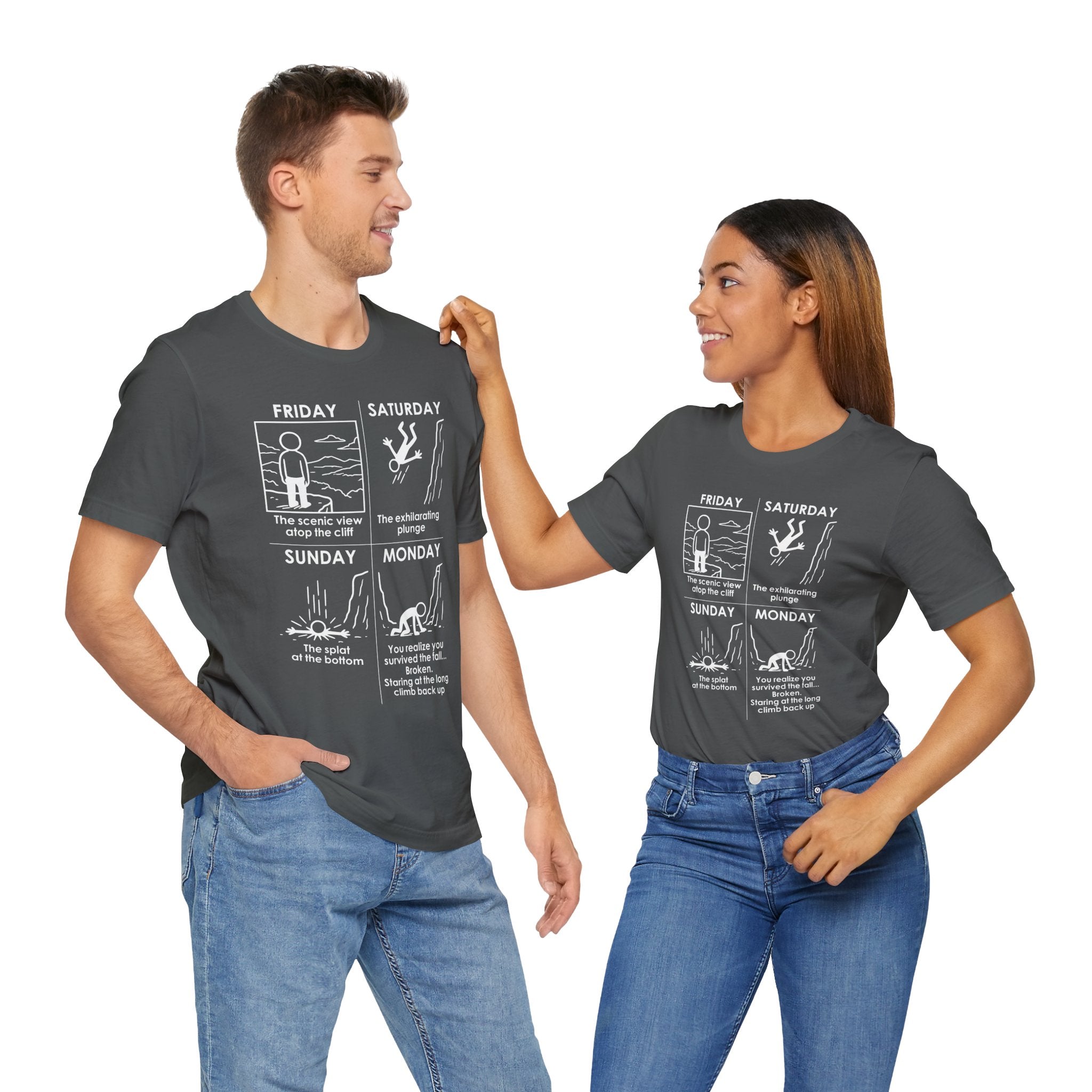Weekend Cliff Comic T-Shirt – Dark Humor Friday to Monday Survival Graphic Tee