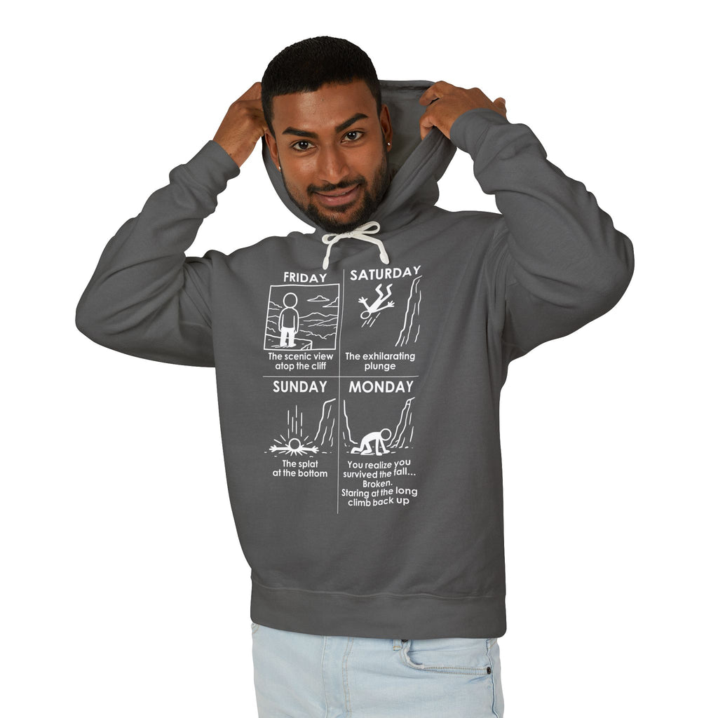 Weekend Cliff Comic Hoodie – Dark Humor Friday to Monday Survival Sweatshirt
