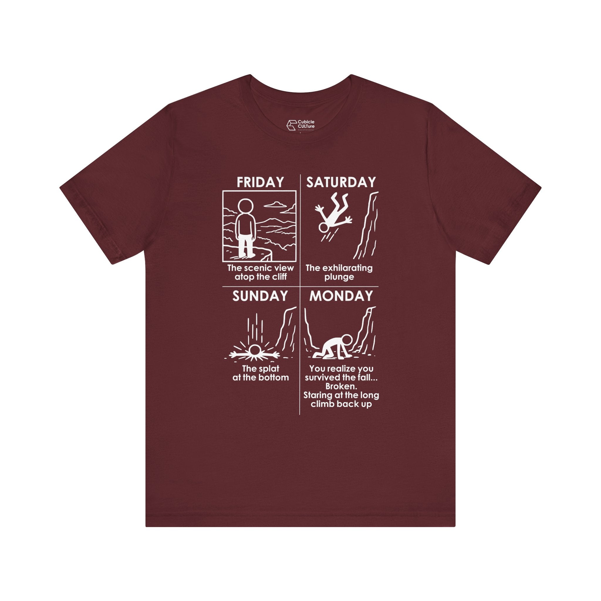 Weekend Cliff Comic T-Shirt – Dark Humor Friday to Monday Survival Graphic Tee