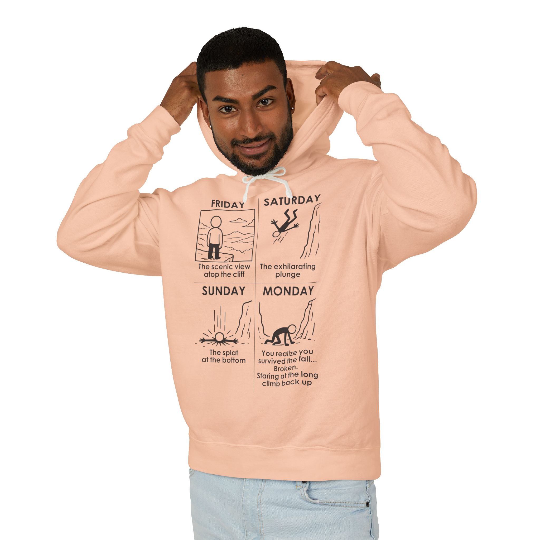Weekend Cliff Comic Hoodie – Dark Humor Friday to Monday Survival Sweatshirt