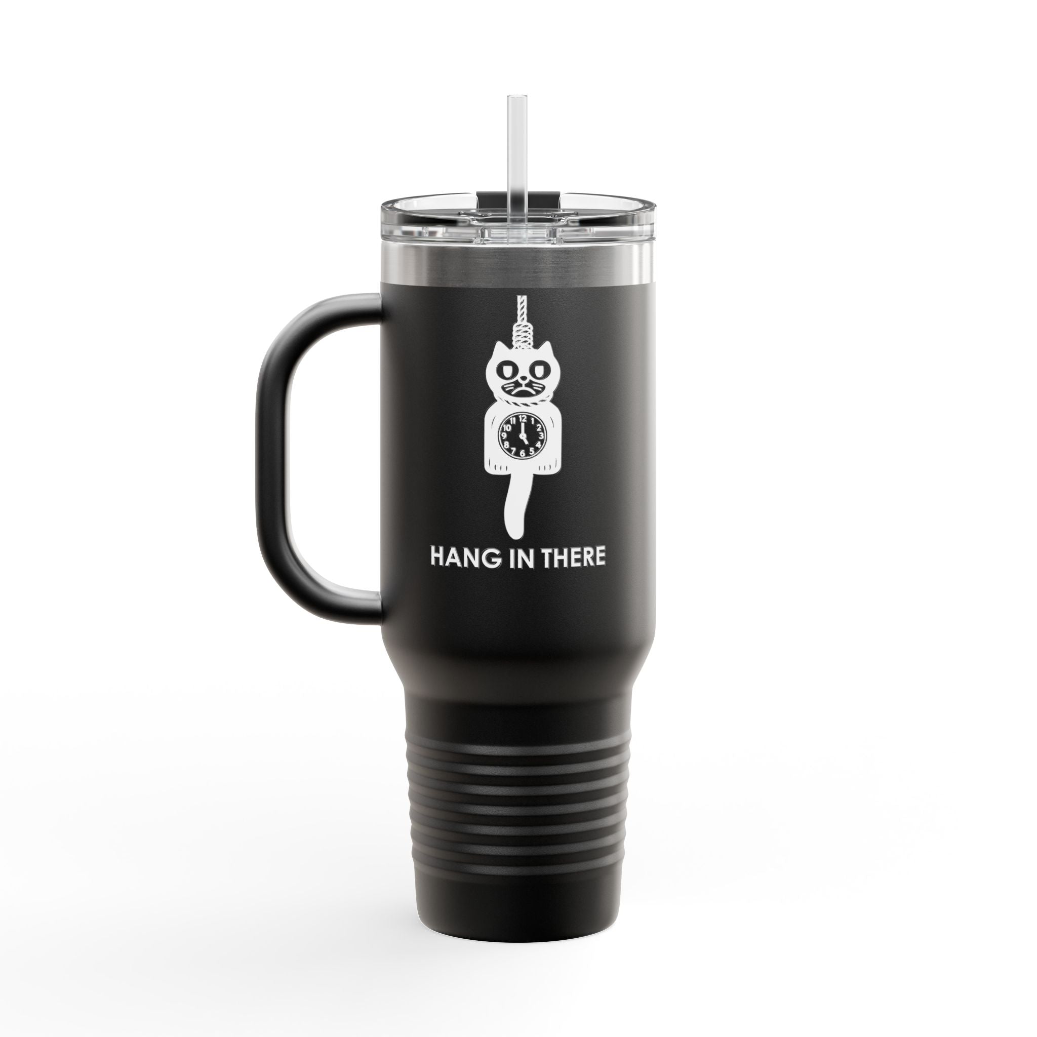 Hang In There Travel Mug – Dark Humor Cat Clock Parody Tumbler
