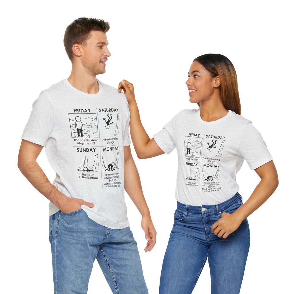 Weekend Cliff Comic T-Shirt – Dark Humor Friday to Monday Survival Graphic Tee