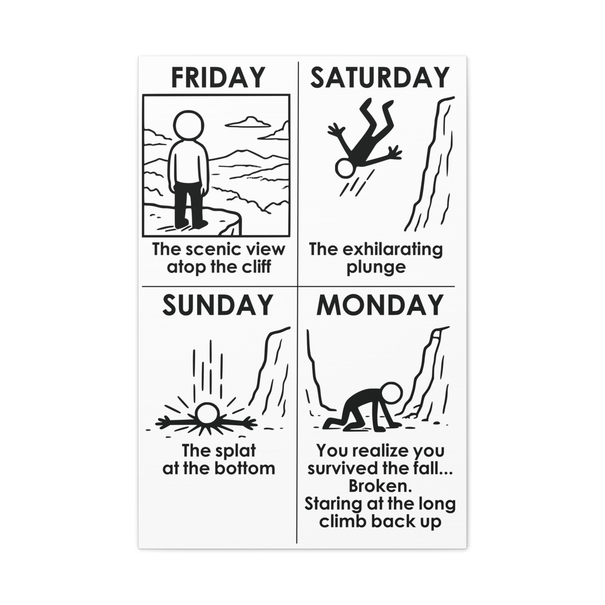 Weekend Cliff Comic Canvas – Dark Humor Friday to Monday Survival Office Wall Art