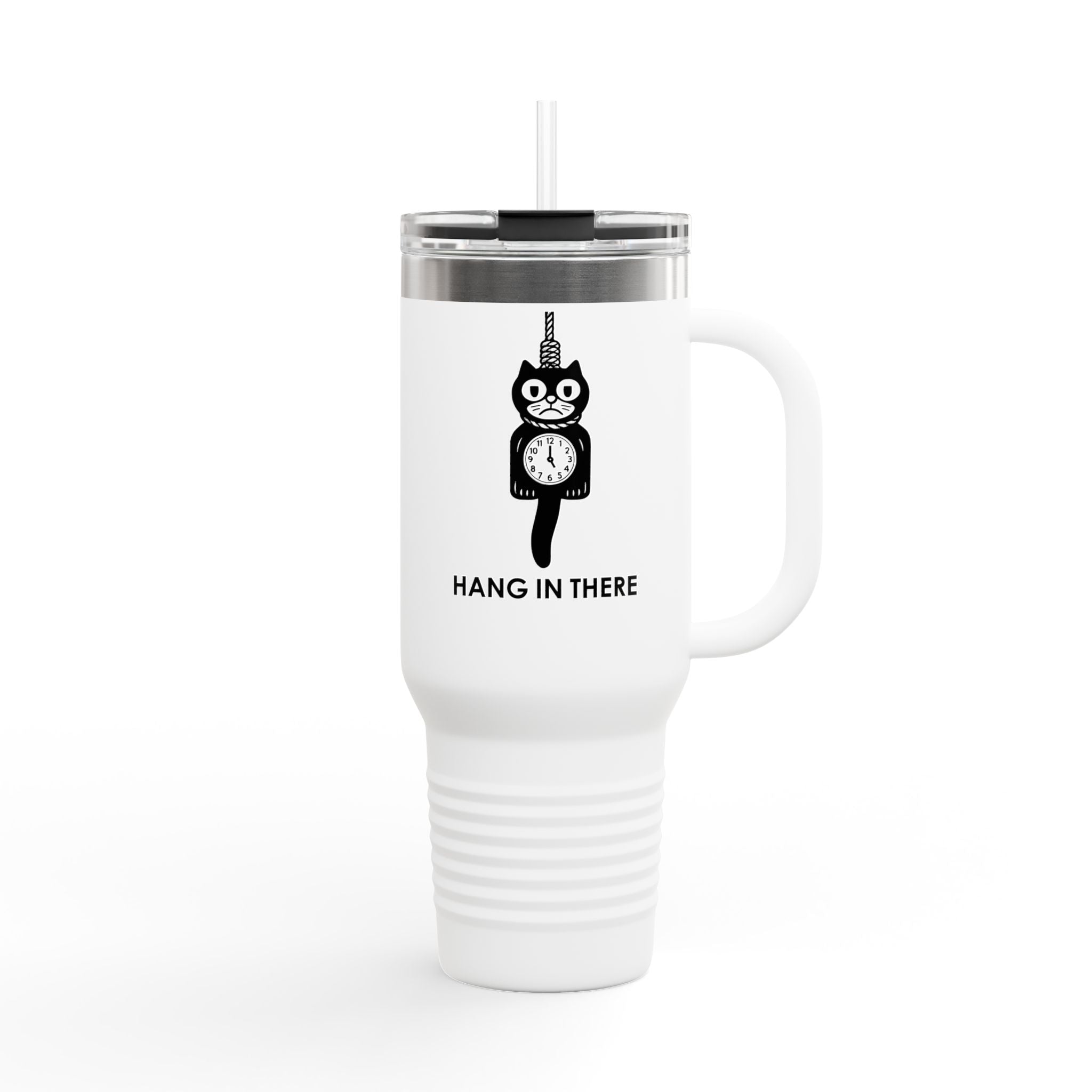 Hang In There Travel Mug – Dark Humor Cat Clock Parody Tumbler