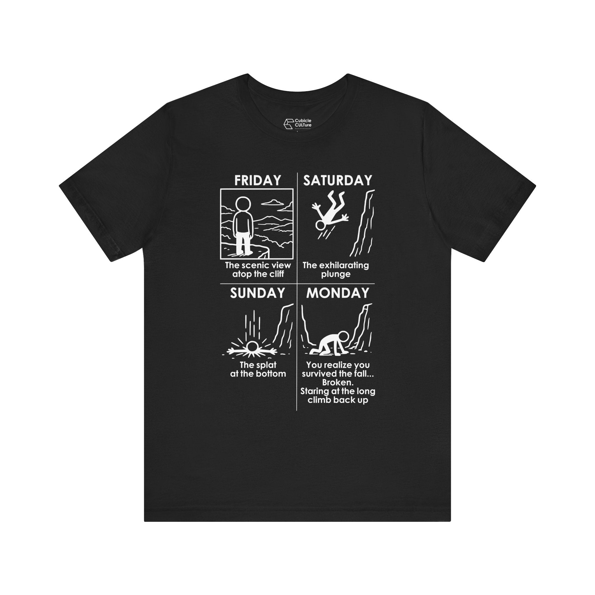 Weekend Cliff Comic T-Shirt – Dark Humor Friday to Monday Survival Graphic Tee