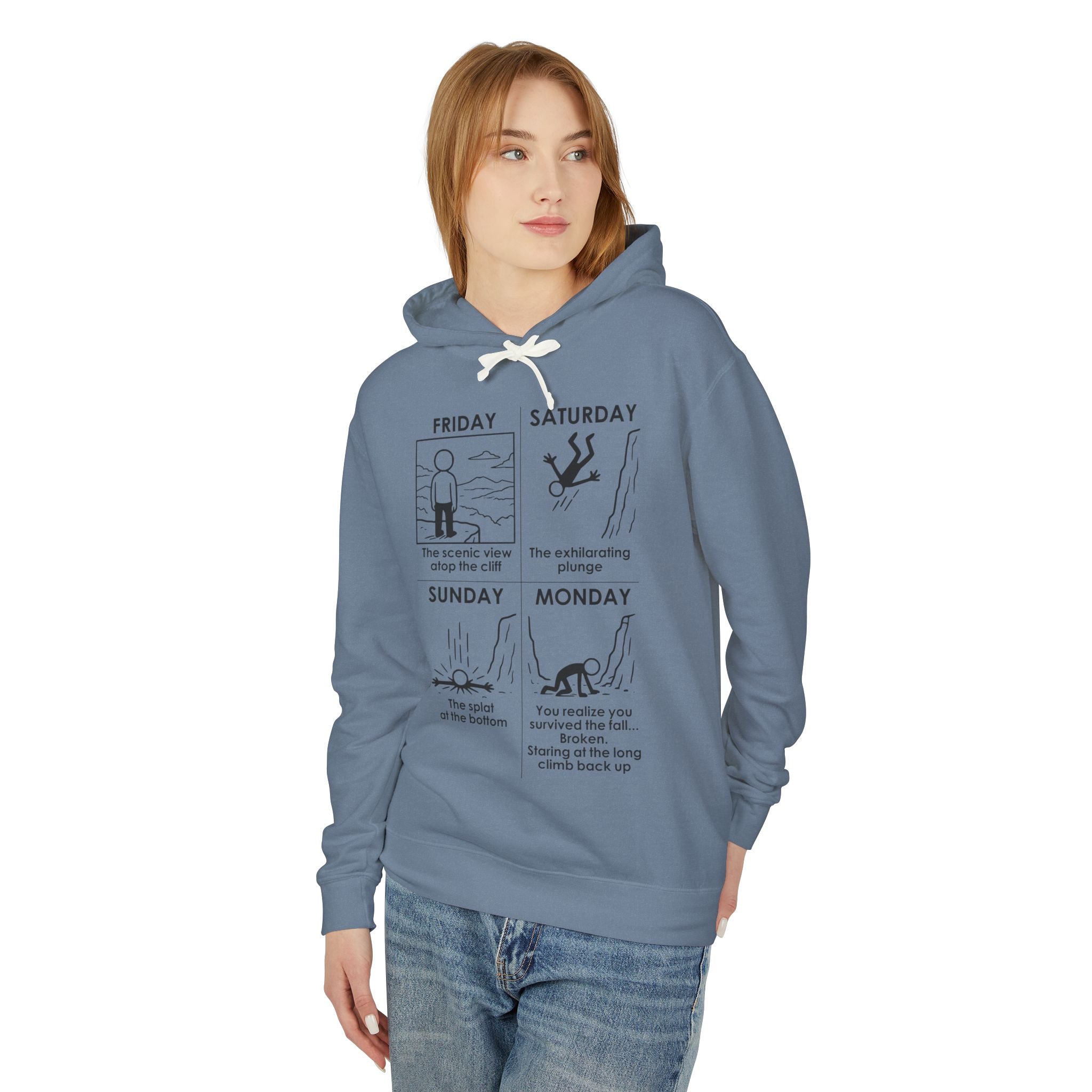 Weekend Cliff Comic Hoodie – Dark Humor Friday to Monday Survival Sweatshirt