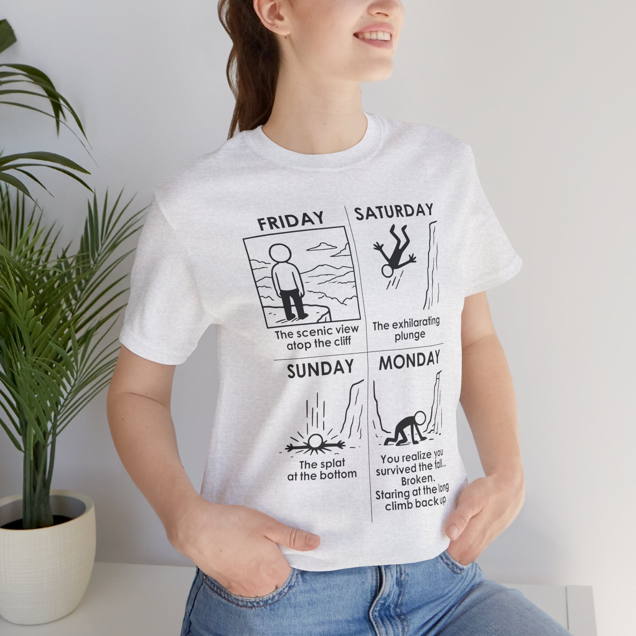 Weekend Cliff Comic T-Shirt – Dark Humor Friday to Monday Survival Graphic Tee