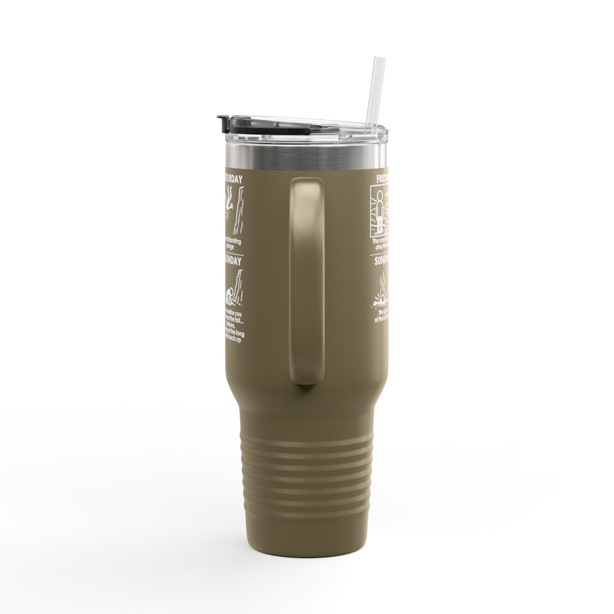 Weekend Cliff Comic Travel Mug – Dark Humor Friday to Monday Survival Tumbler