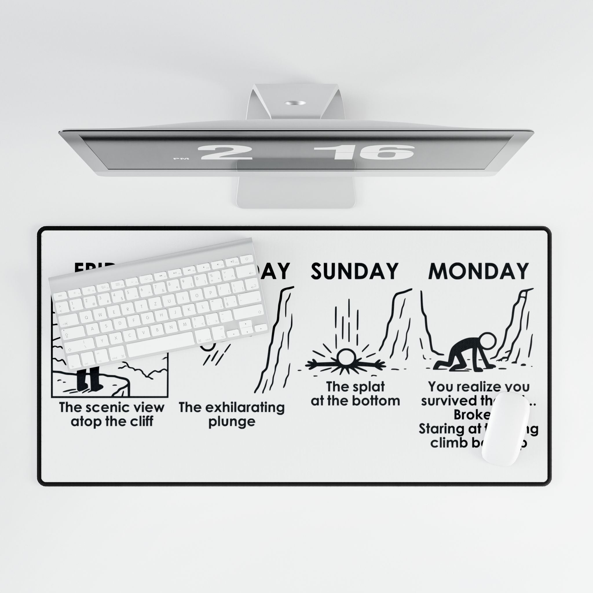 Weekend Cliff Comic Desk Mat – Dark Humor Friday to Monday Survival Office Accessory