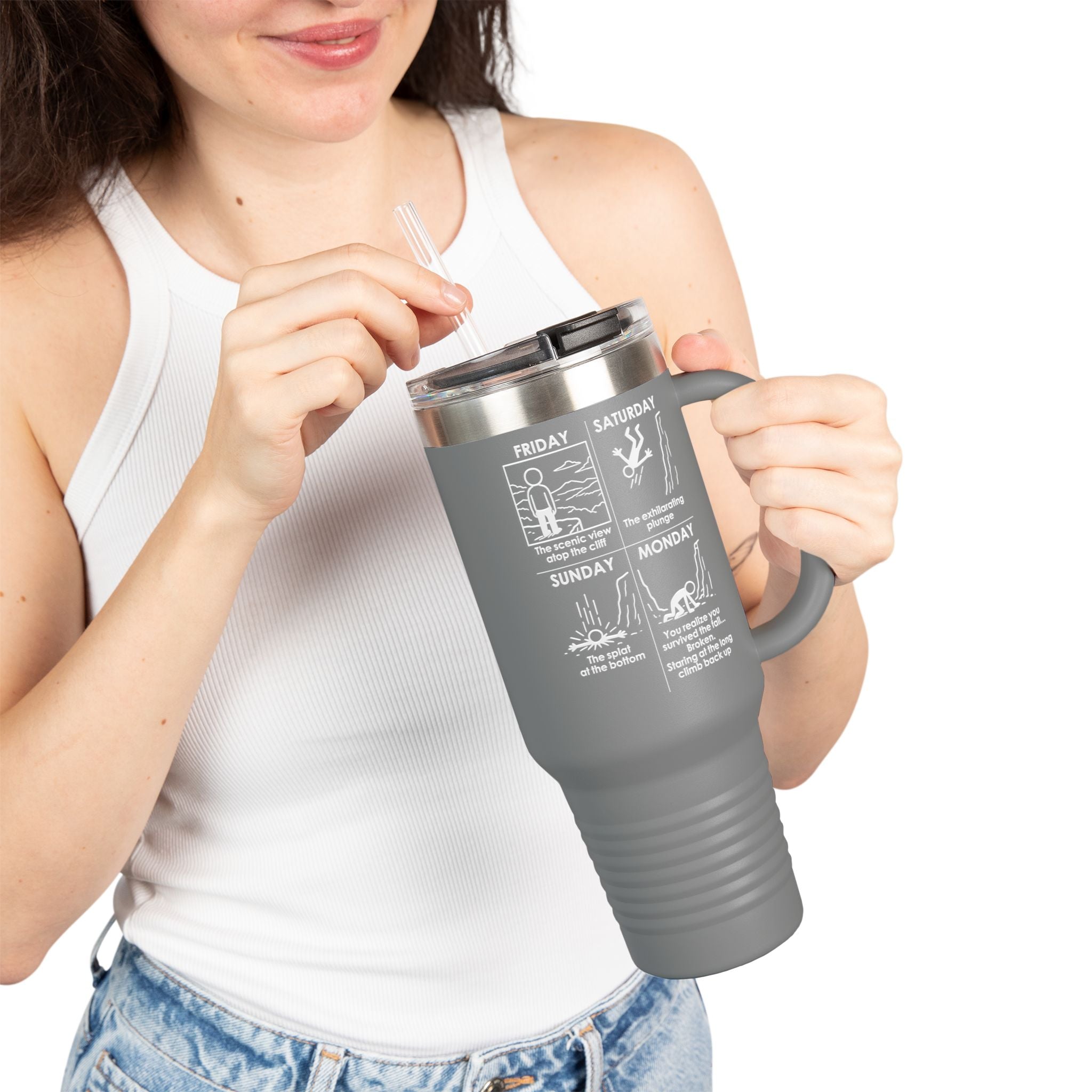 Weekend Cliff Comic Travel Mug – Dark Humor Friday to Monday Survival Tumbler