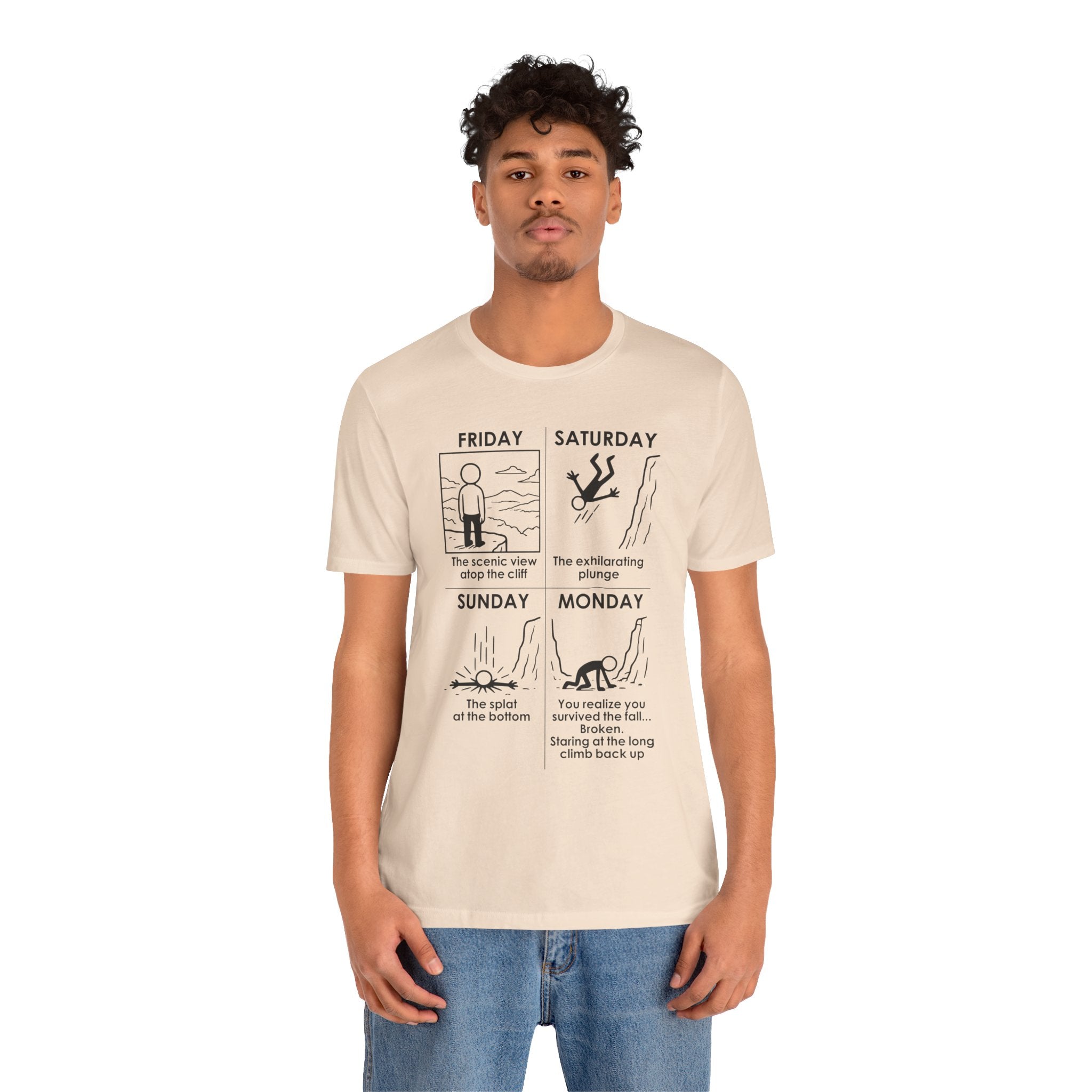 Weekend Cliff Comic T-Shirt – Dark Humor Friday to Monday Survival Graphic Tee