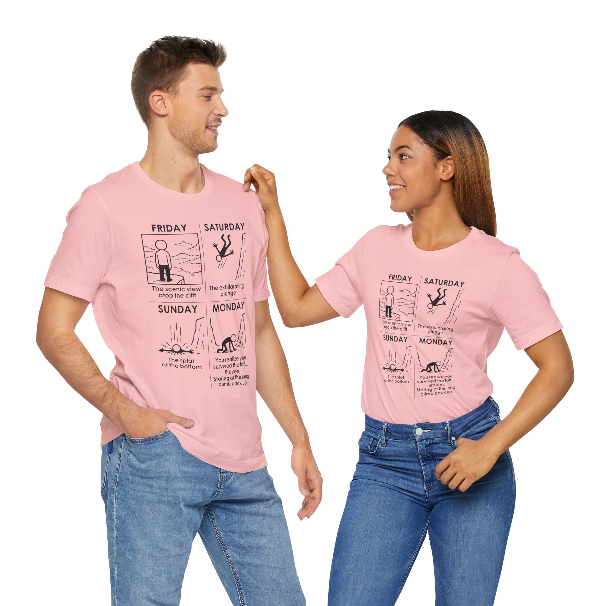 Weekend Cliff Comic T-Shirt – Dark Humor Friday to Monday Survival Graphic Tee