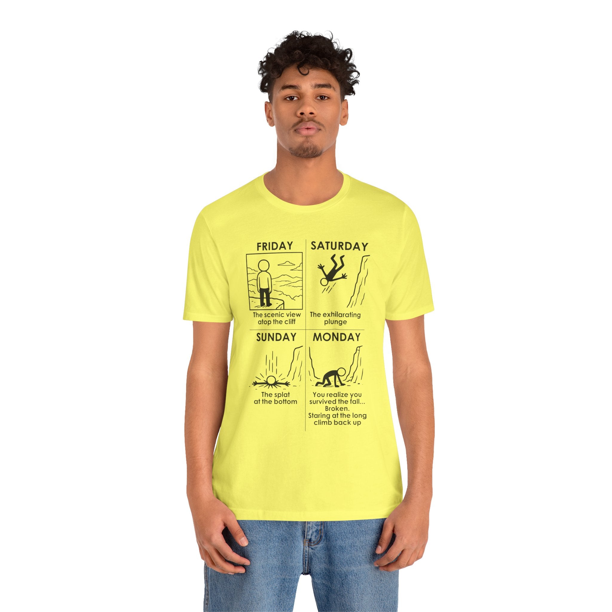Weekend Cliff Comic T-Shirt – Cliffverse Dark Humor Friday to Monday Survival Graphic Tee