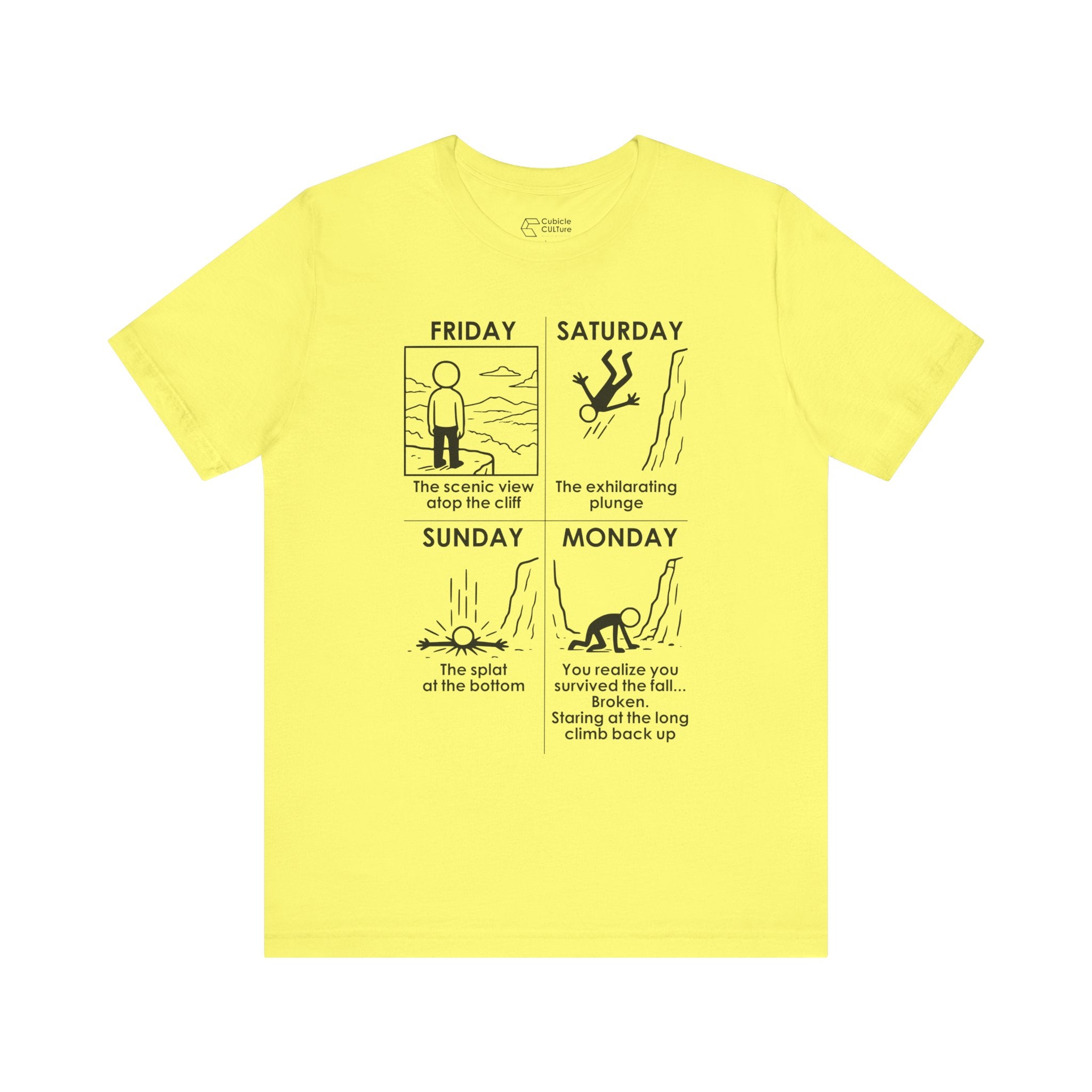 Weekend Cliff Comic T-Shirt – Dark Humor Friday to Monday Survival Graphic Tee