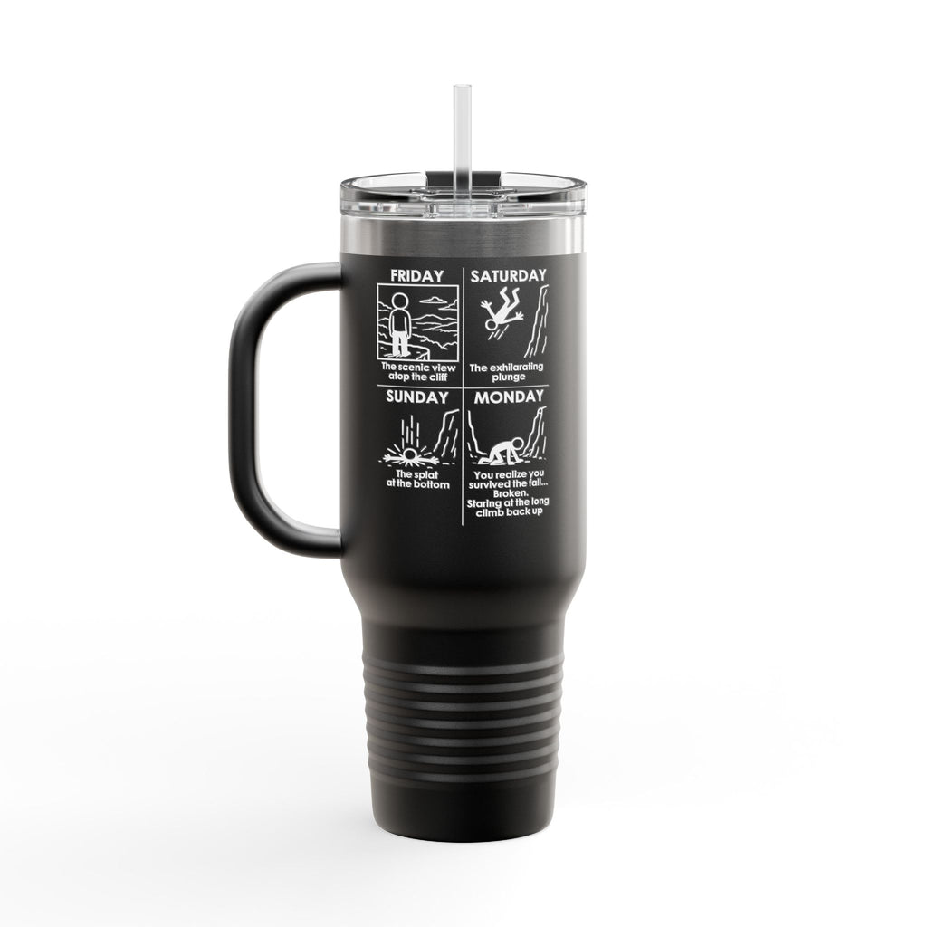 Weekend Cliff Comic Travel Mug – Dark Humor Friday to Monday Survival Tumbler